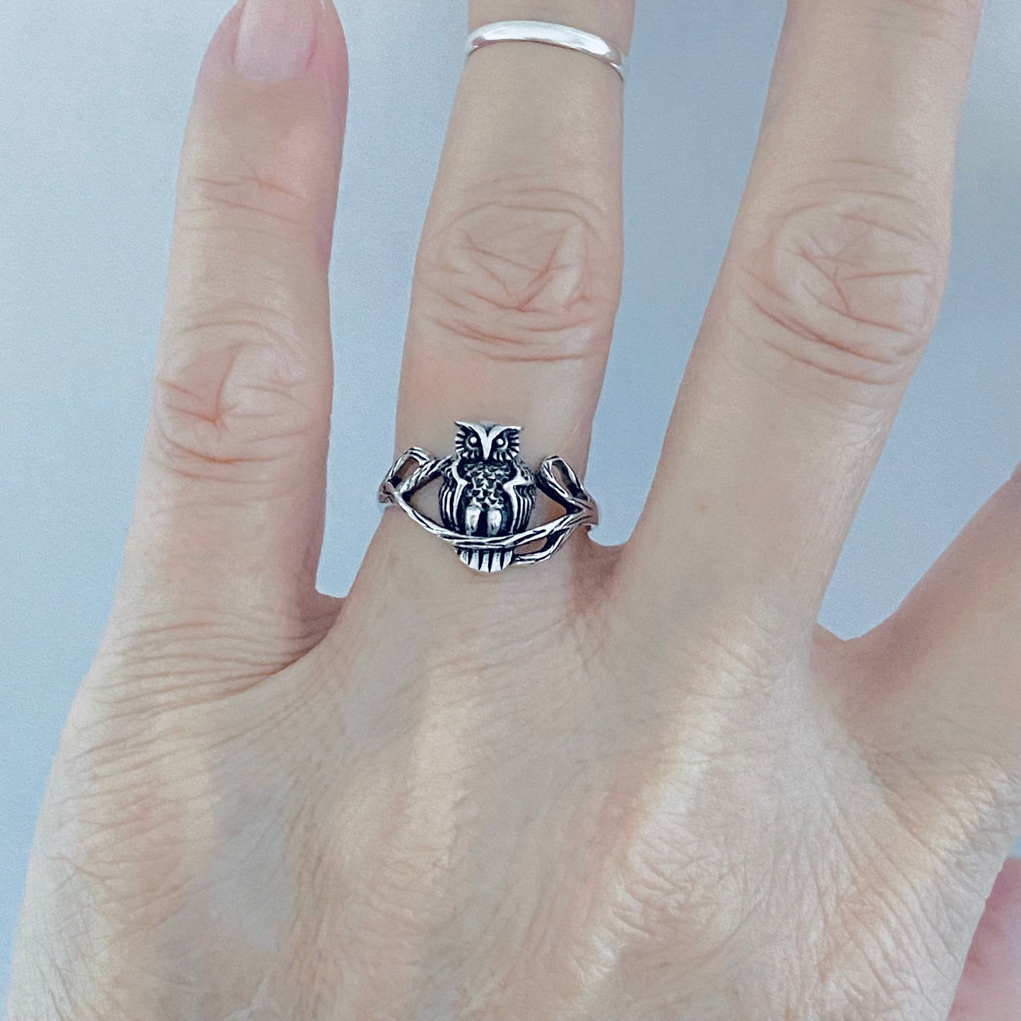 Sterling Silver Owl on Branch Ring, Spirit Bird Rings, Animal Jewelry