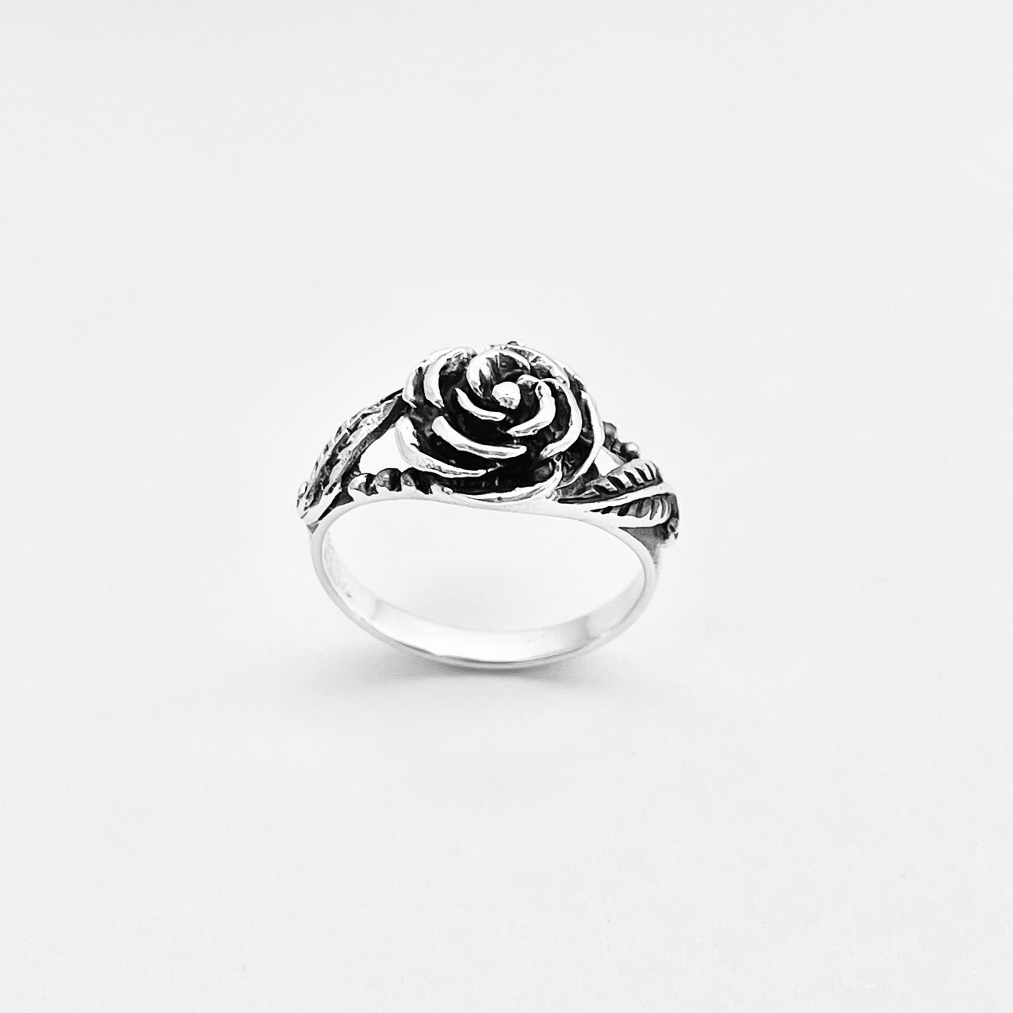 925 Sterling Silver Rose Ring with Leaves | Floral Love Roses Flower Silver Rings