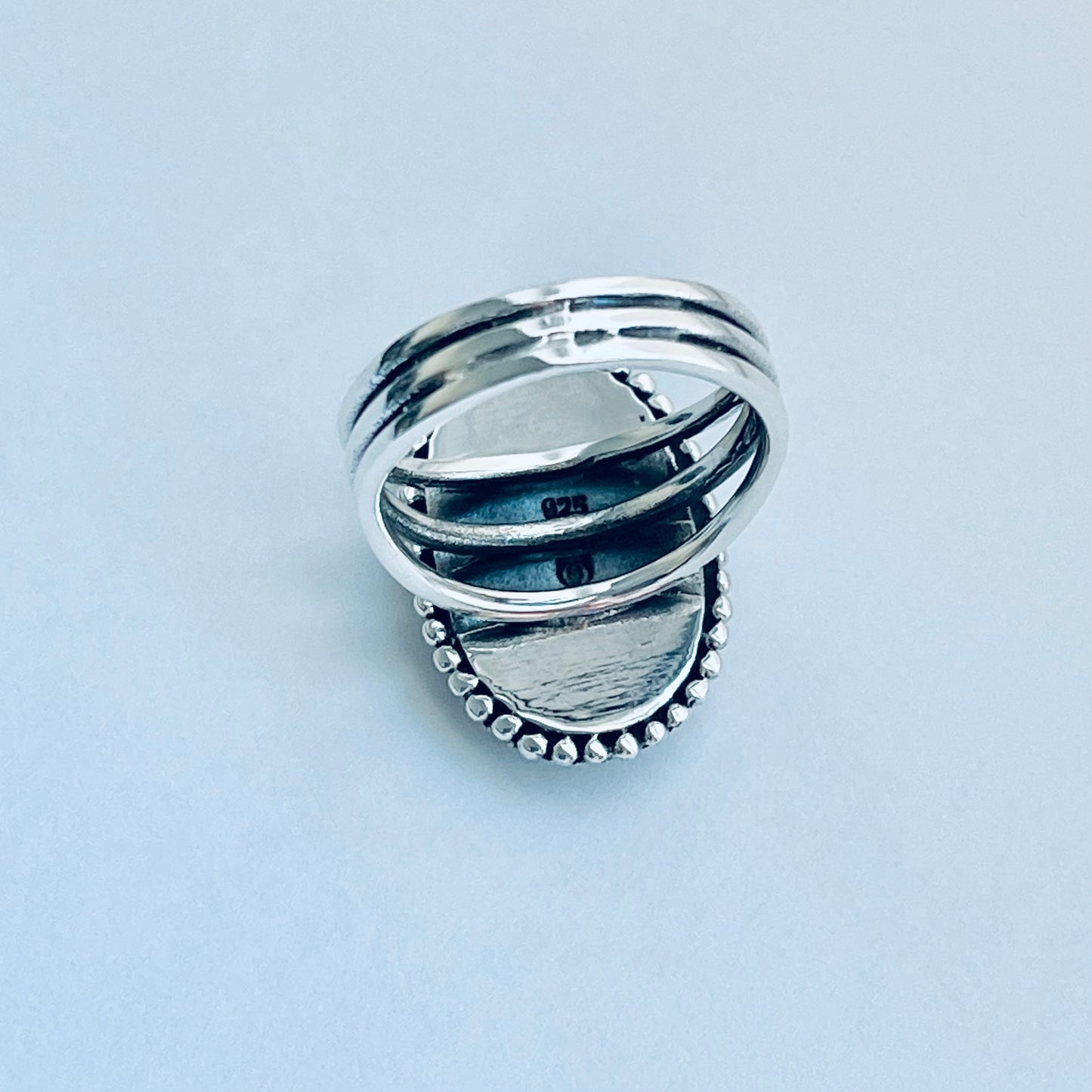 Sterling Silver Braid and Dots Accent Genuine Turquoise Ring with Triple Band, Statement Boho Jewelry