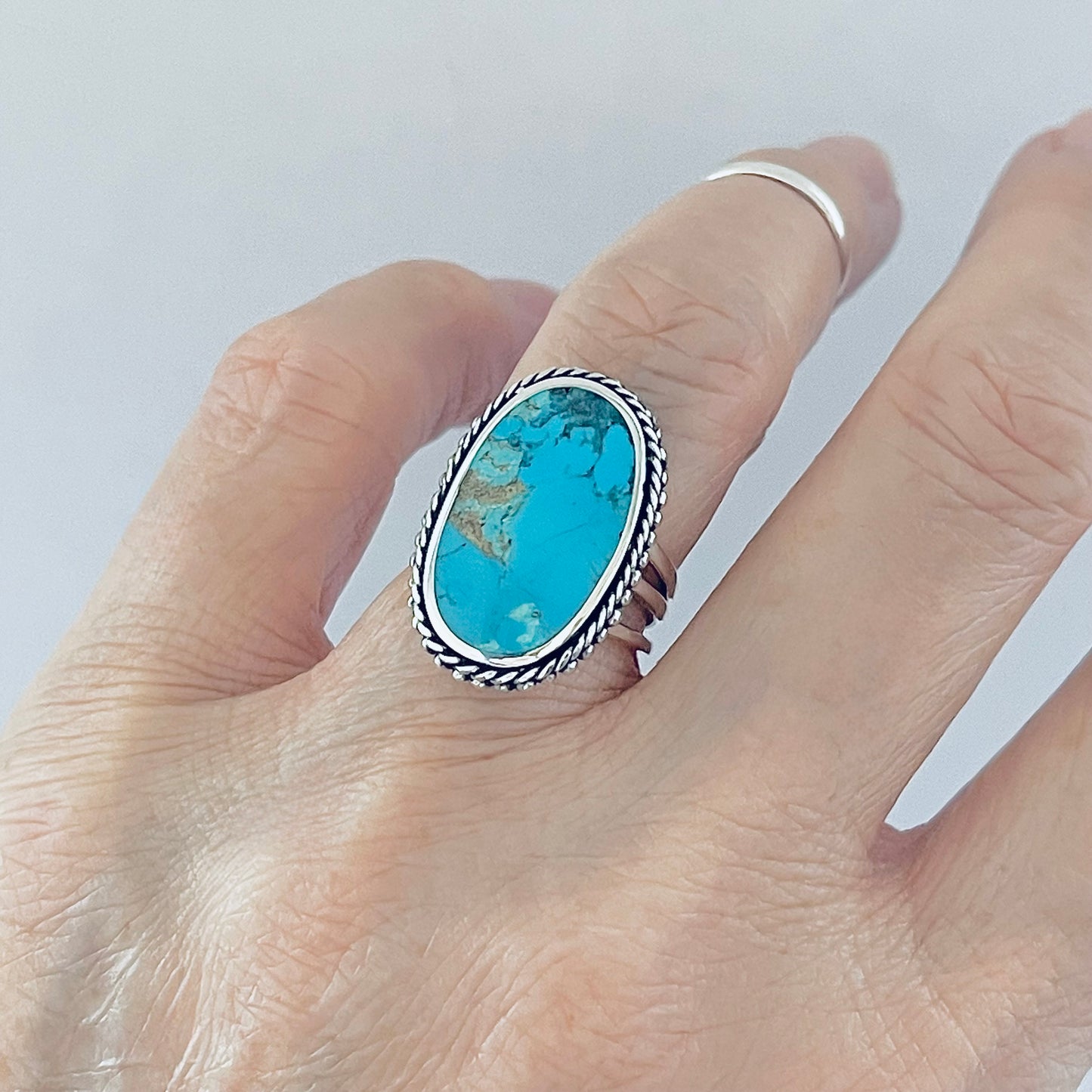 Sterling Silver Braid and Dots Accent Genuine Turquoise Ring with Triple Band, Statement Boho Jewelry