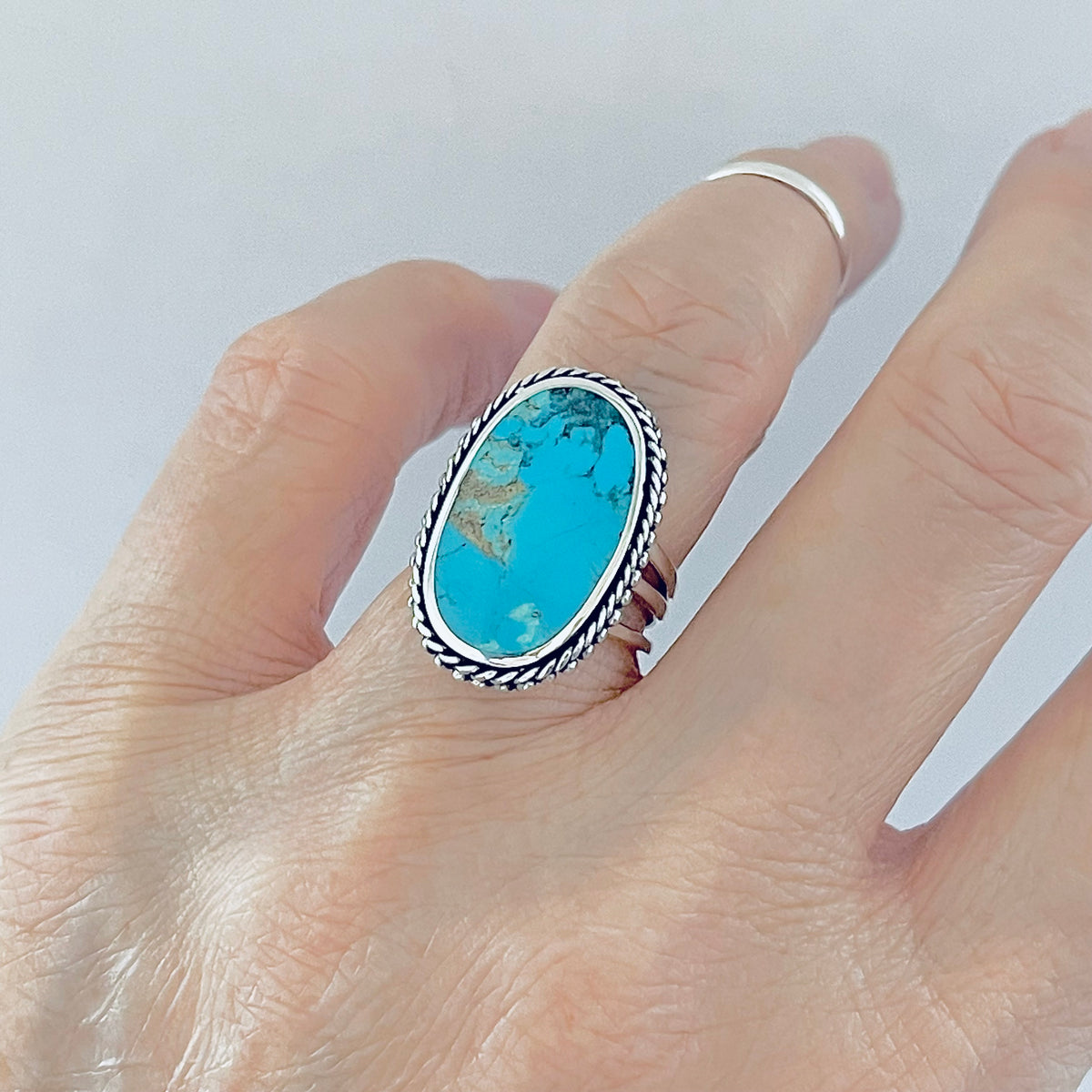 925 Sterling Silver Braid & Dots Genuine Turquoise Ring | Statement Triple Band Stone Rings