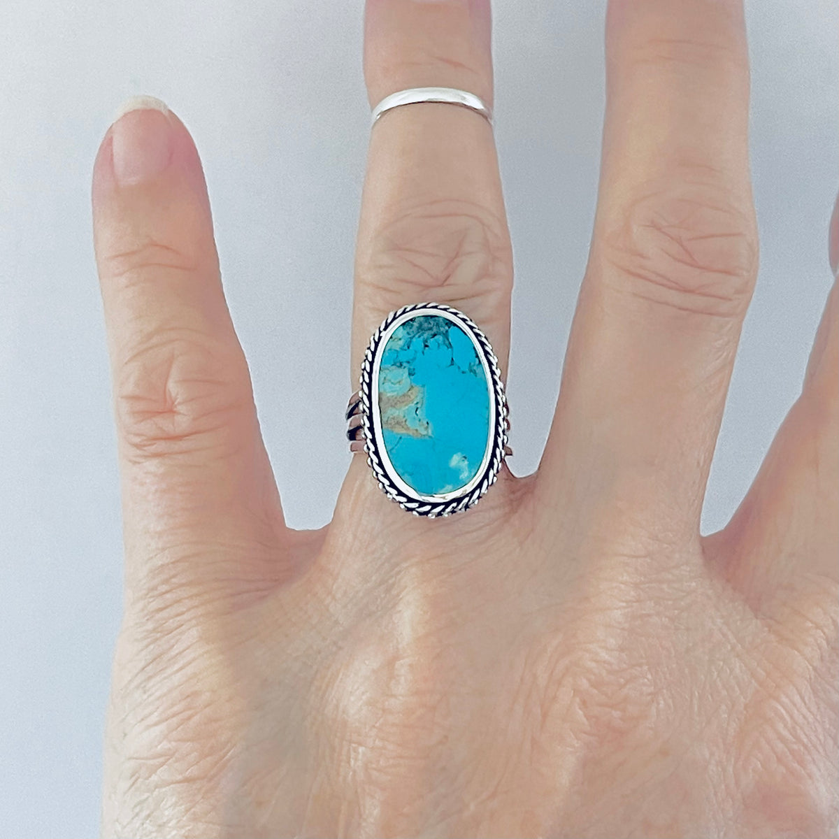 925 Sterling Silver Braid & Dots Genuine Turquoise Ring | Statement Triple Band Stone Rings