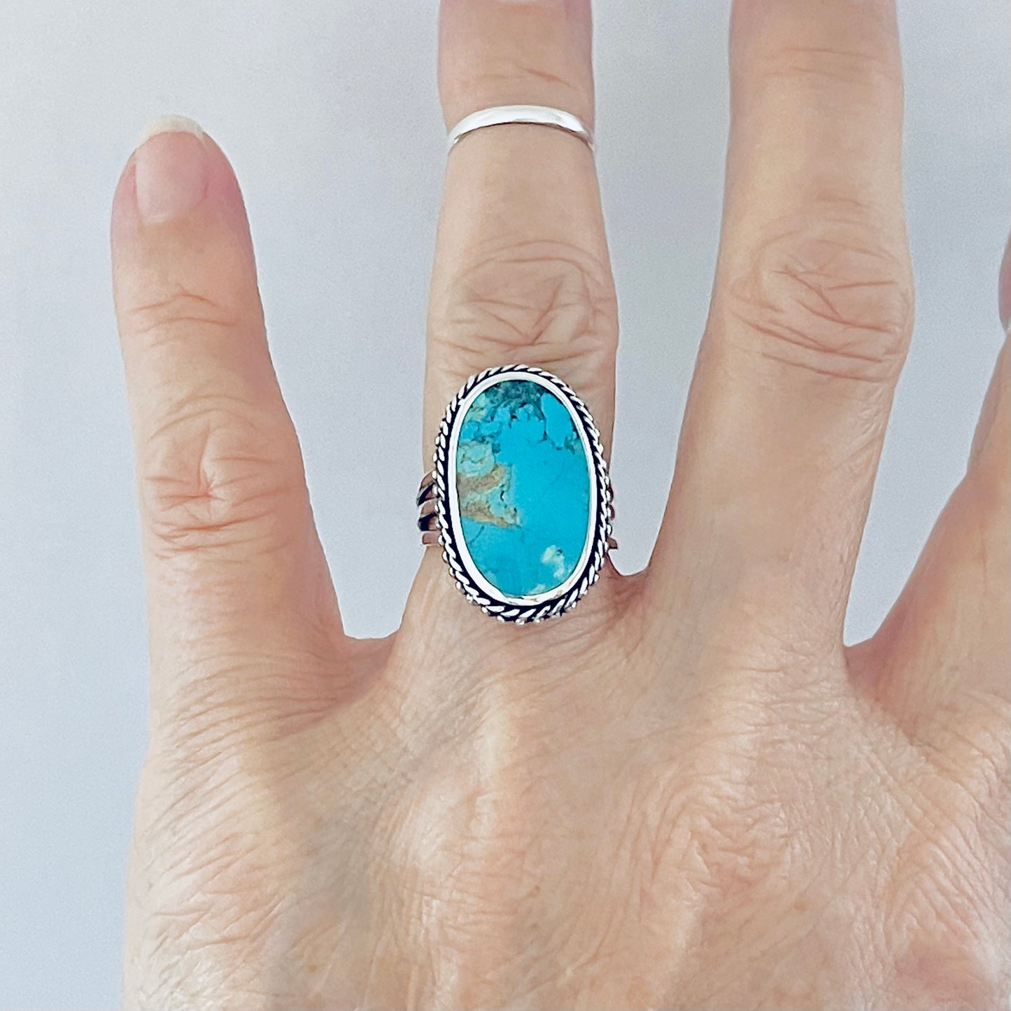Sterling Silver Braid and Dots Accent Genuine Turquoise Ring with Triple Band, Statement Boho Jewelry