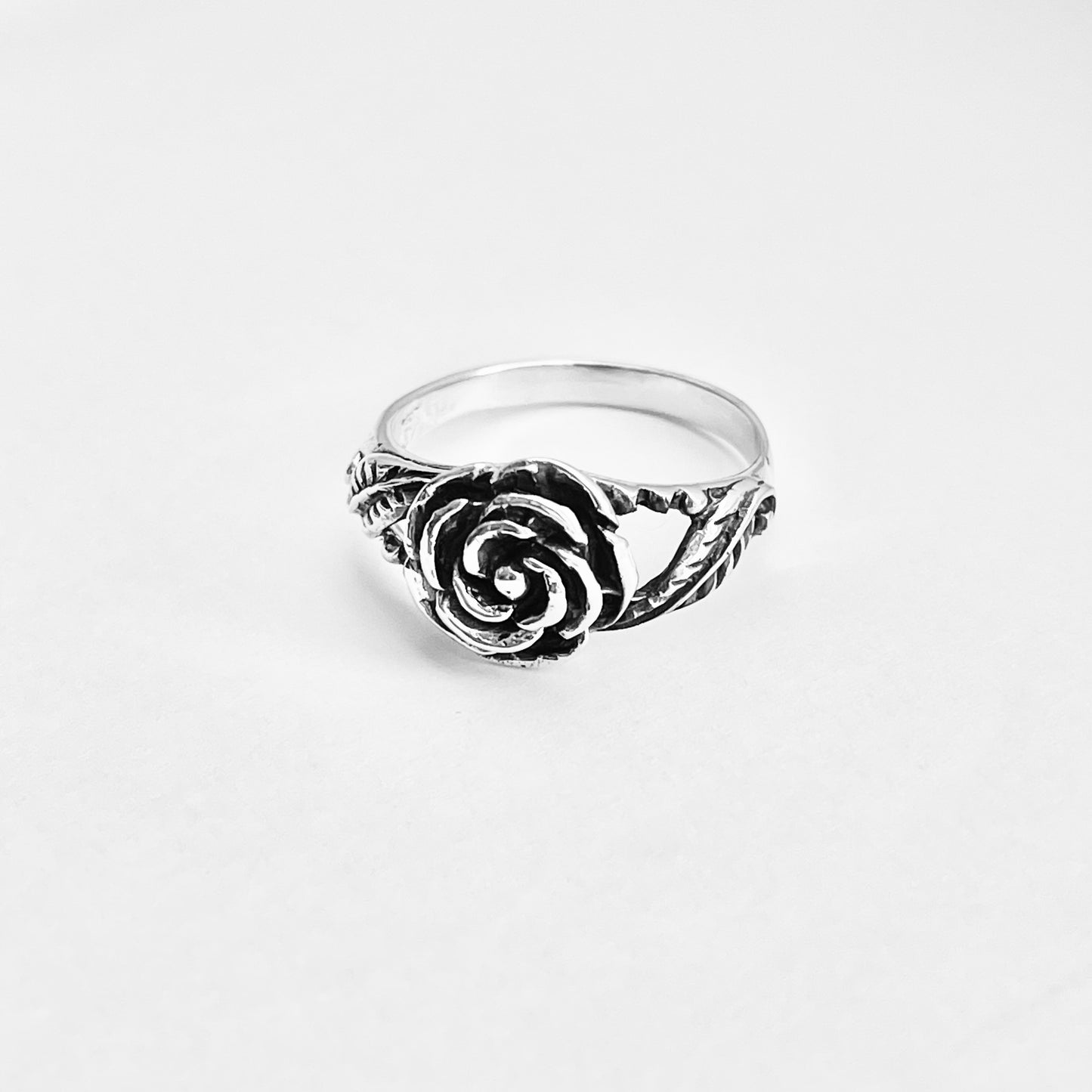 925 Sterling Silver Rose Ring with Leaves | Floral Love Roses Flower Silver Rings