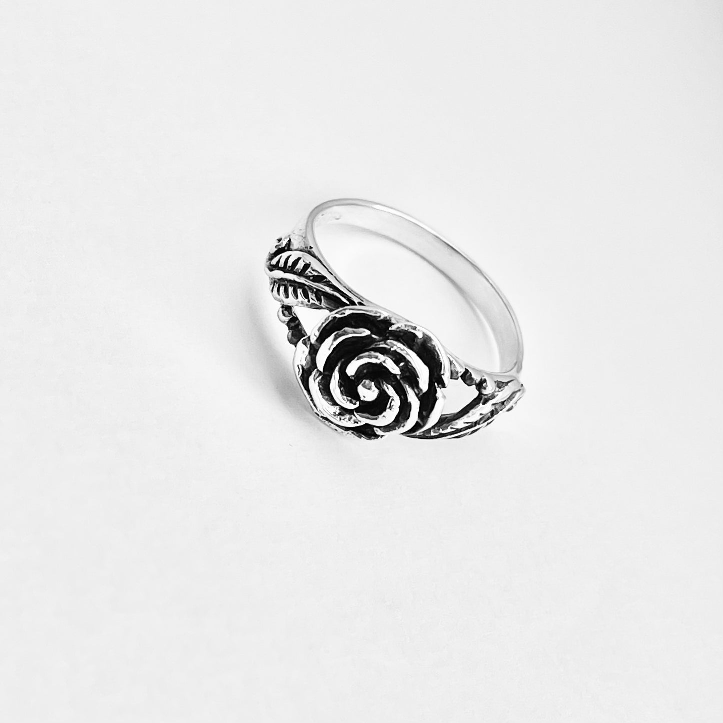 925 Sterling Silver Rose Ring with Leaves | Floral Love Roses Flower Silver Rings