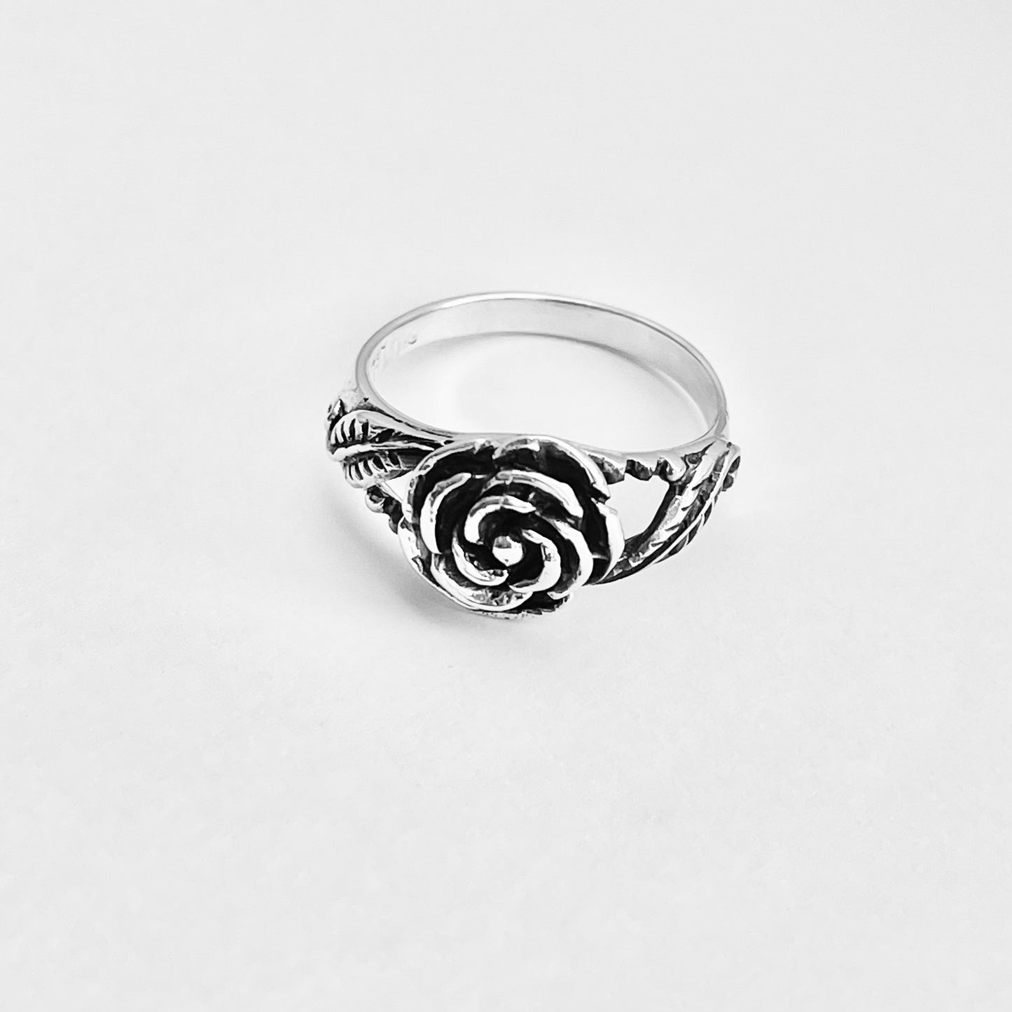 925 Sterling Silver Rose Ring with Leaves | Floral Love Roses Flower Silver Rings