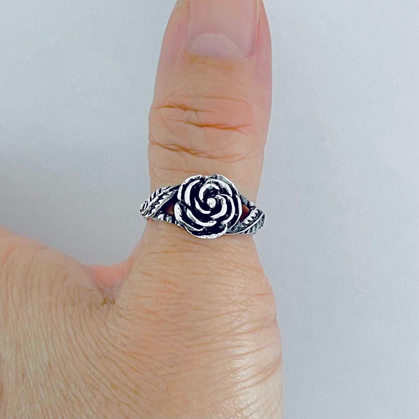 925 Sterling Silver Rose Ring with Leaves | Floral Love Roses Flower Silver Rings