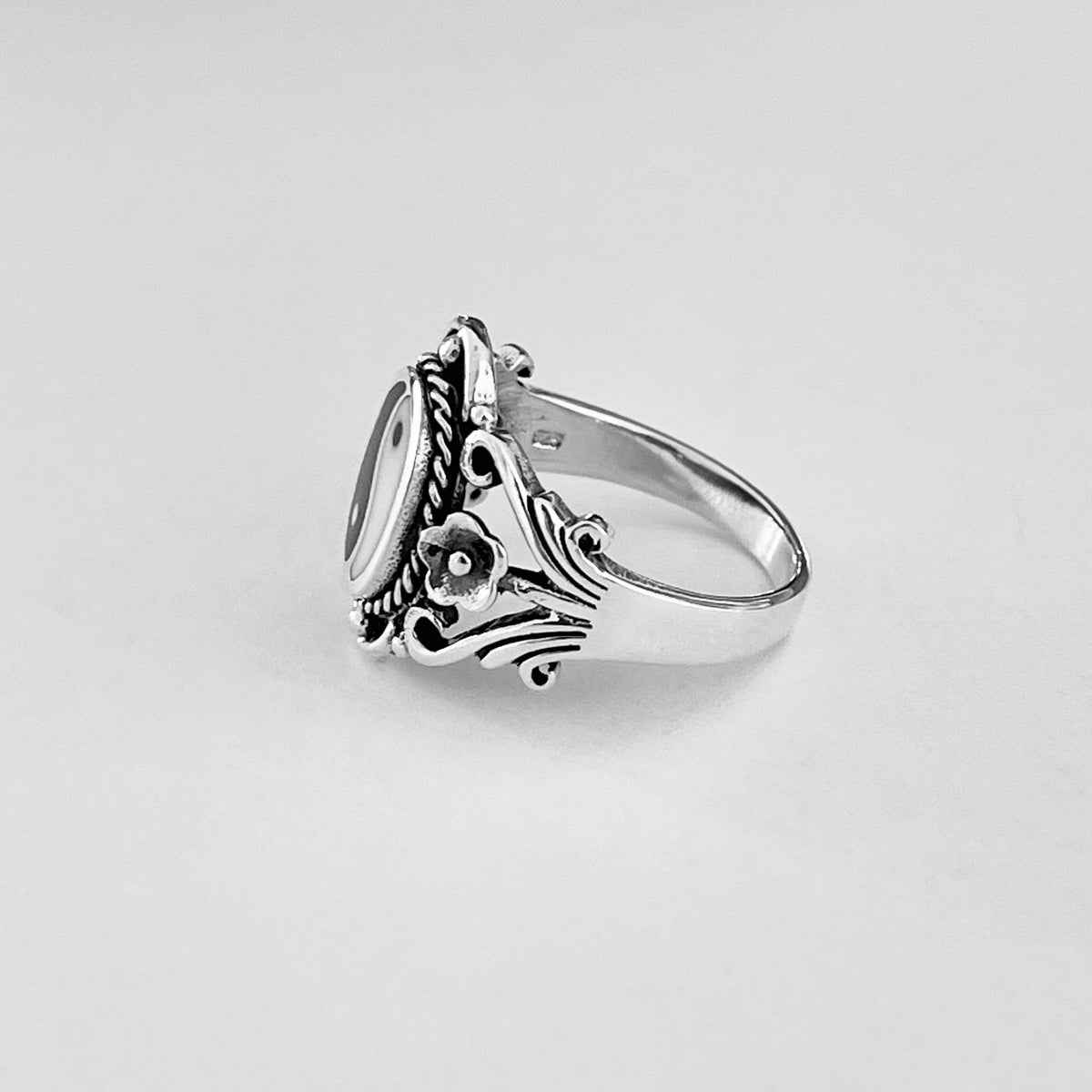 925 Sterling Silver Vintage Statement Yin Yang Ring with Flowers | Yoga Balance of Life Silver Rings