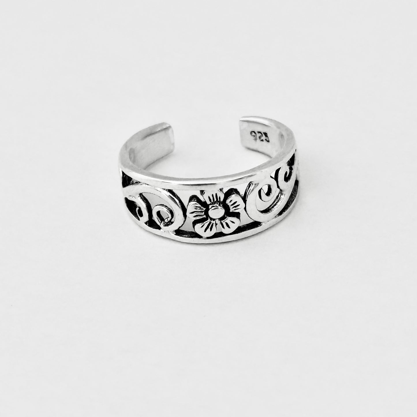 925 Sterling Silver Swirl & Flower Toe Ring | Forget Me Not Dainty Silver Ring