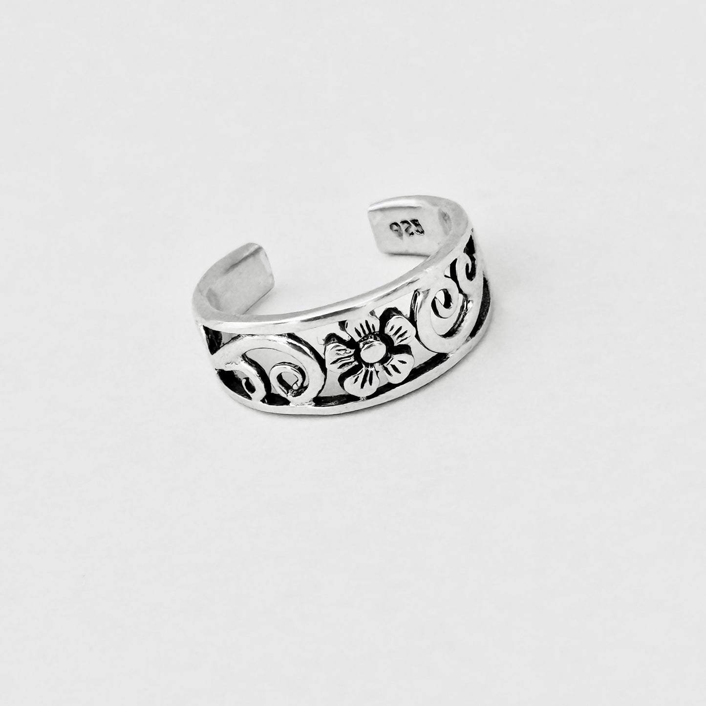 925 Sterling Silver Swirl & Flower Toe Ring | Forget Me Not Dainty Silver Ring