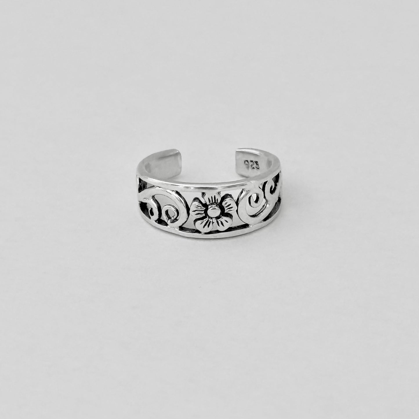 925 Sterling Silver Swirl & Flower Toe Ring | Forget Me Not Dainty Silver Ring