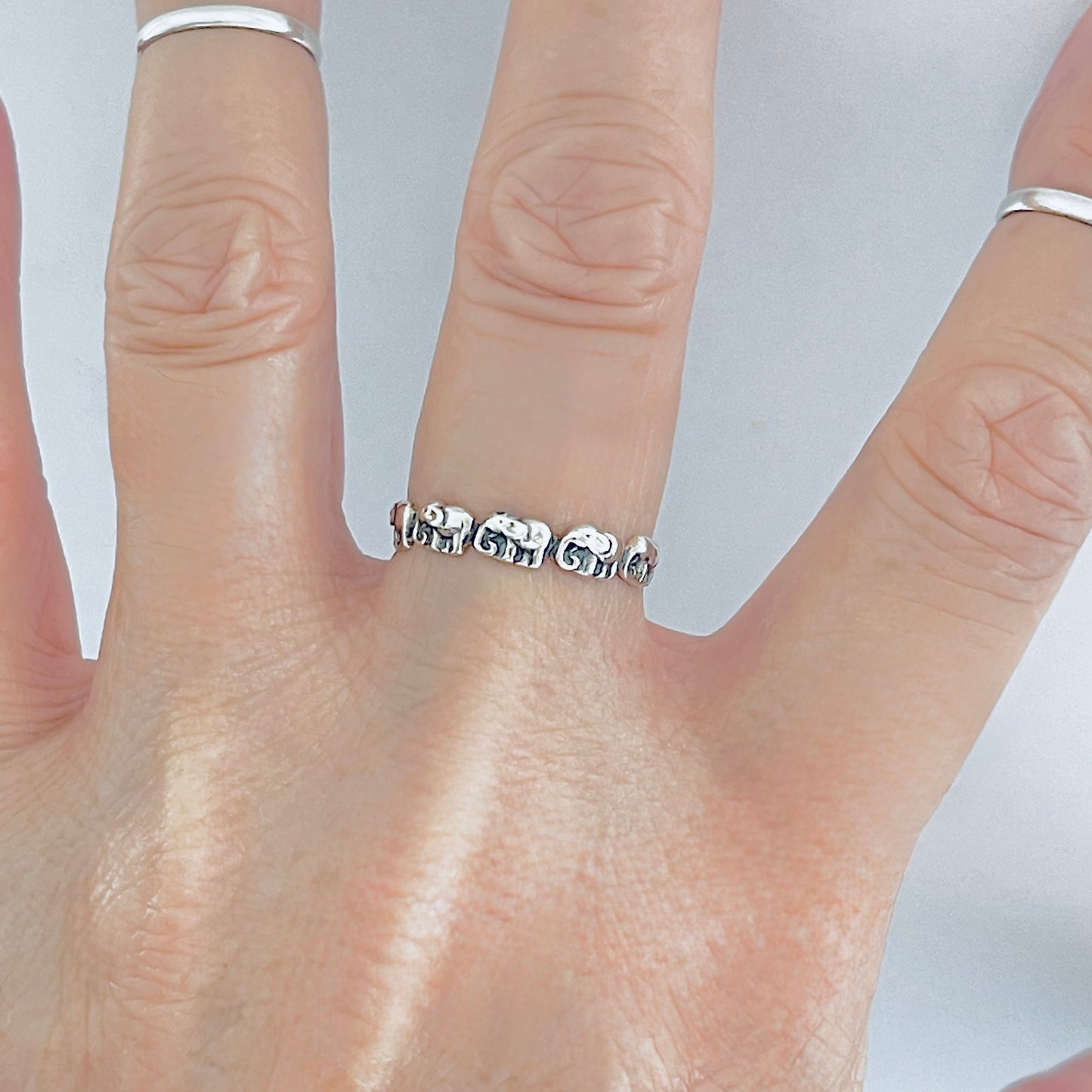925 Sterling Silver Little Elephants Band Ring | Good Luck Stackable Animal Silver Rings