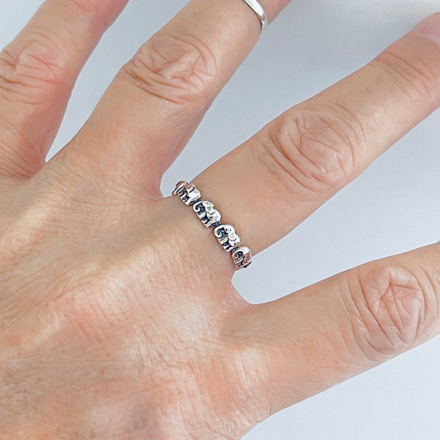 925 Sterling Silver Little Elephants Band Ring | Good Luck Stackable Animal Silver Rings