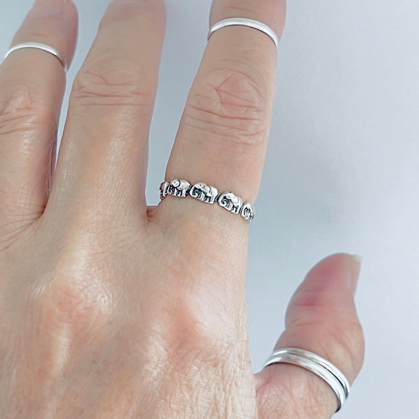 925 Sterling Silver Little Elephants Band Ring | Good Luck Stackable Animal Silver Rings