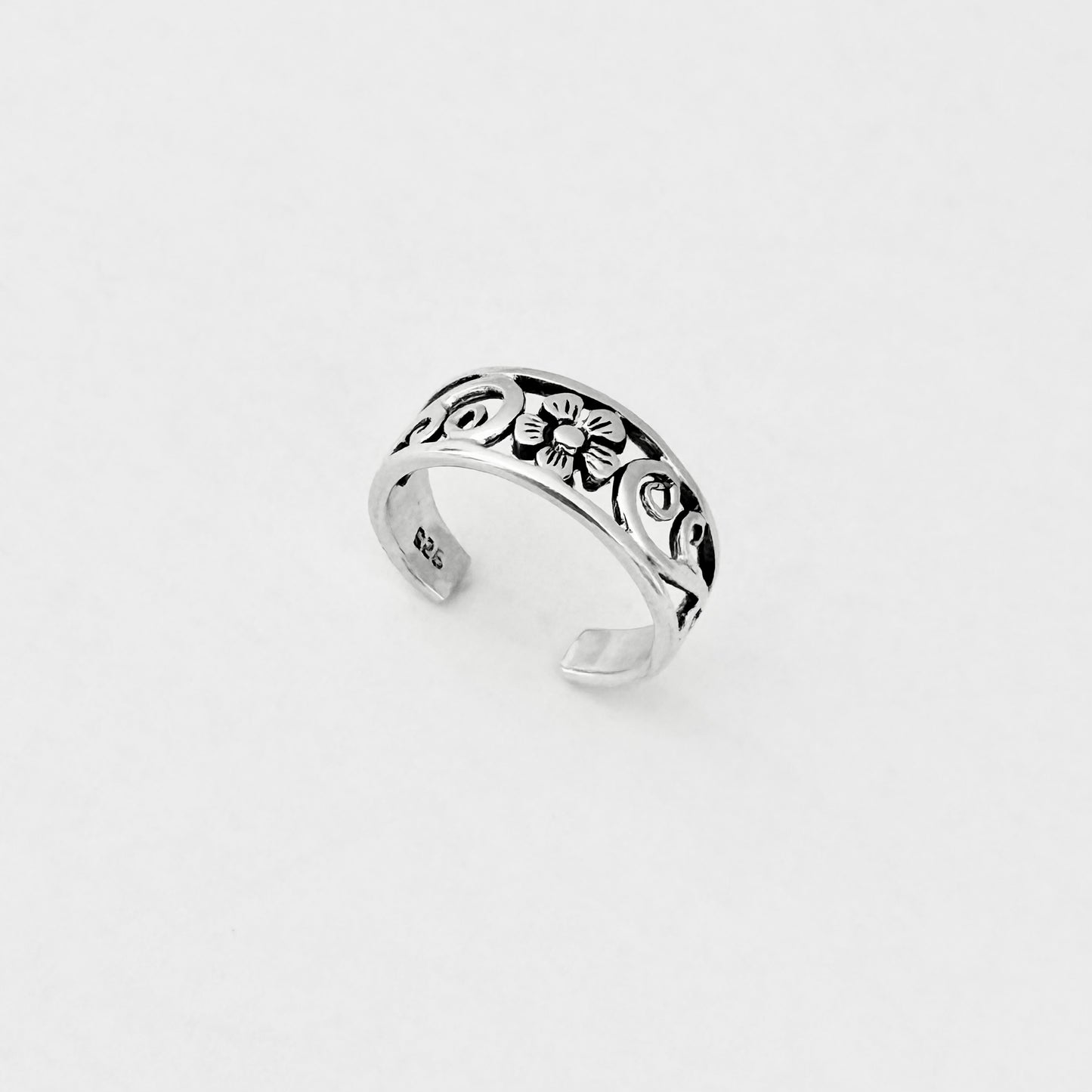 925 Sterling Silver Swirl & Flower Toe Ring | Forget Me Not Dainty Silver Ring