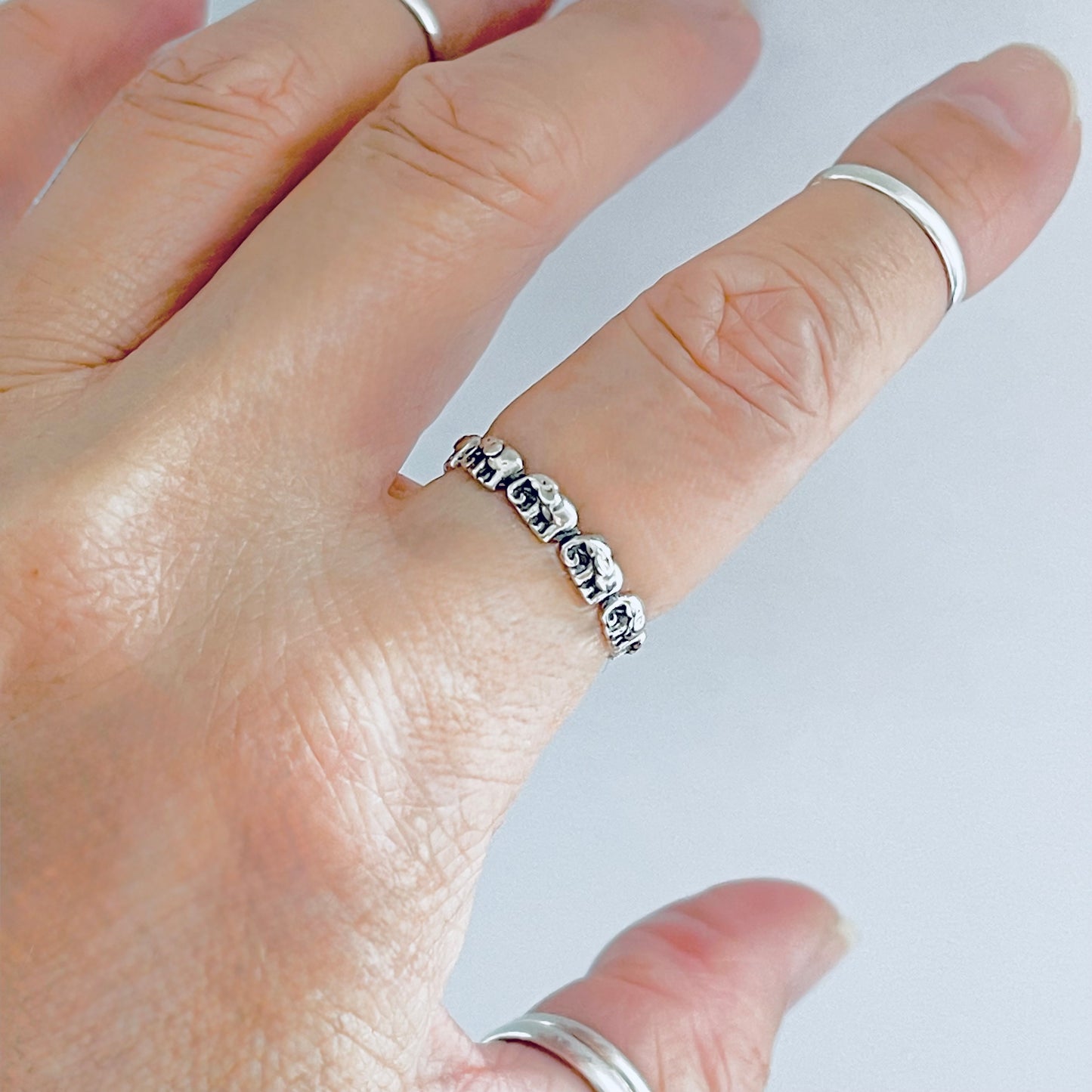 925 Sterling Silver Little Elephants Band Ring | Good Luck Stackable Animal Silver Rings