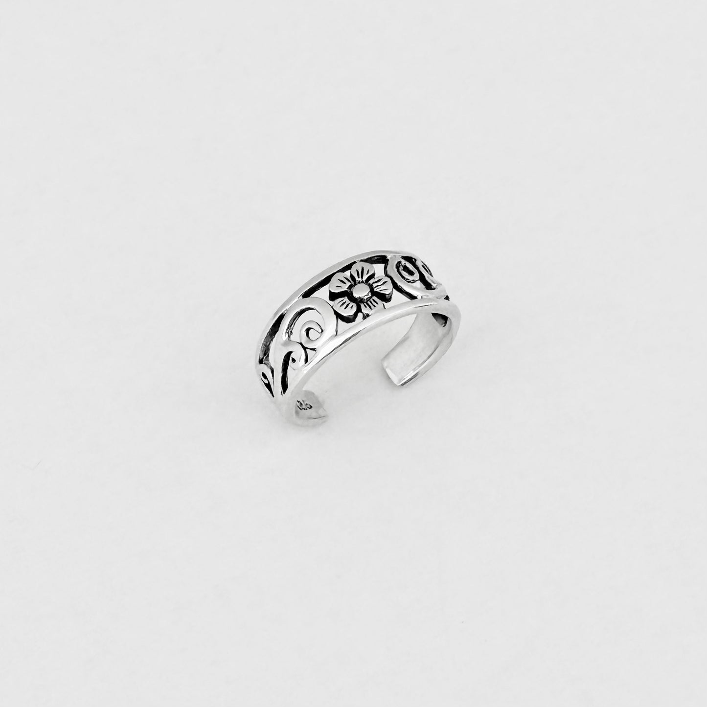 925 Sterling Silver Swirl & Flower Toe Ring | Forget Me Not Dainty Silver Ring