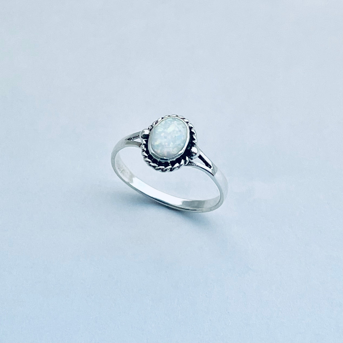 925 Sterling Silver Small White Lab Opal Ring with Braids | Dainty October Birthstone Silver Rings