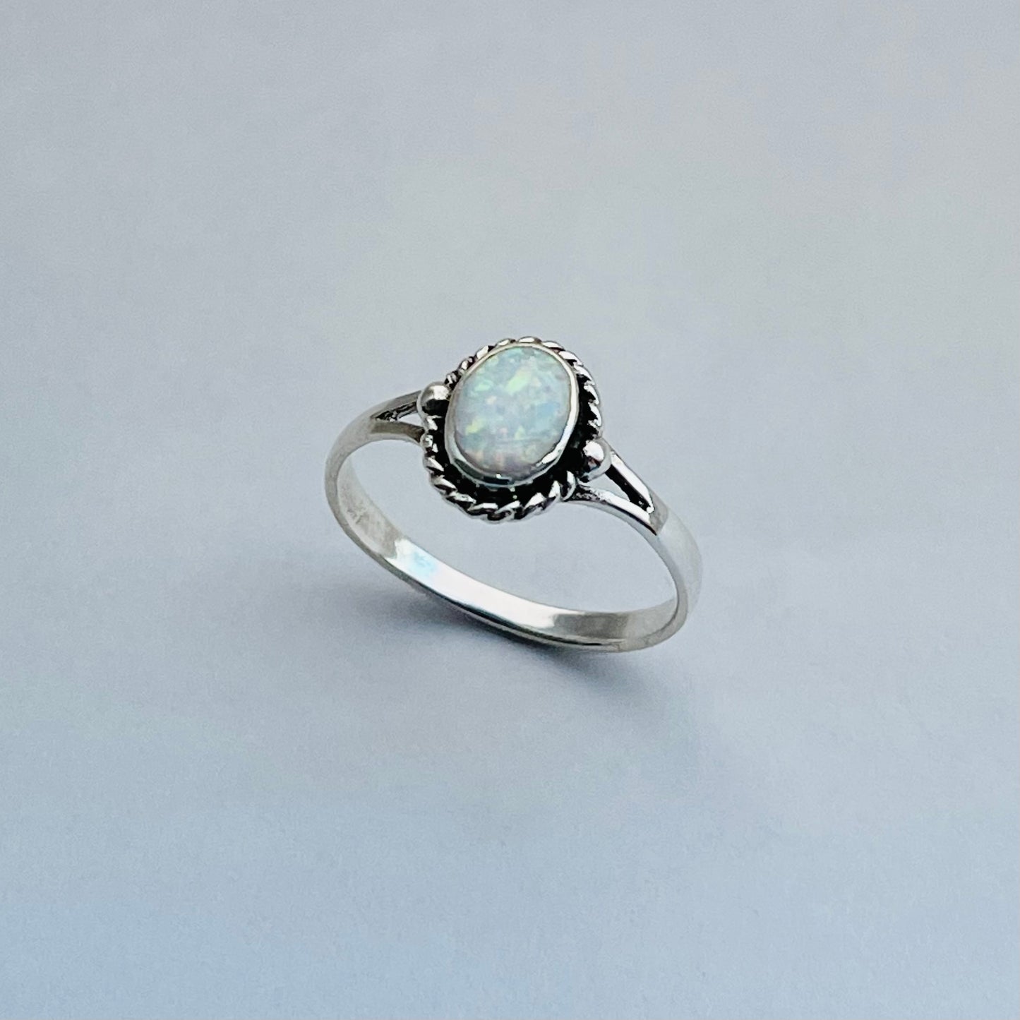 Sterling Silver Small White Lab Opal Ring with Braid, Silver Rings, Minimalist Ring