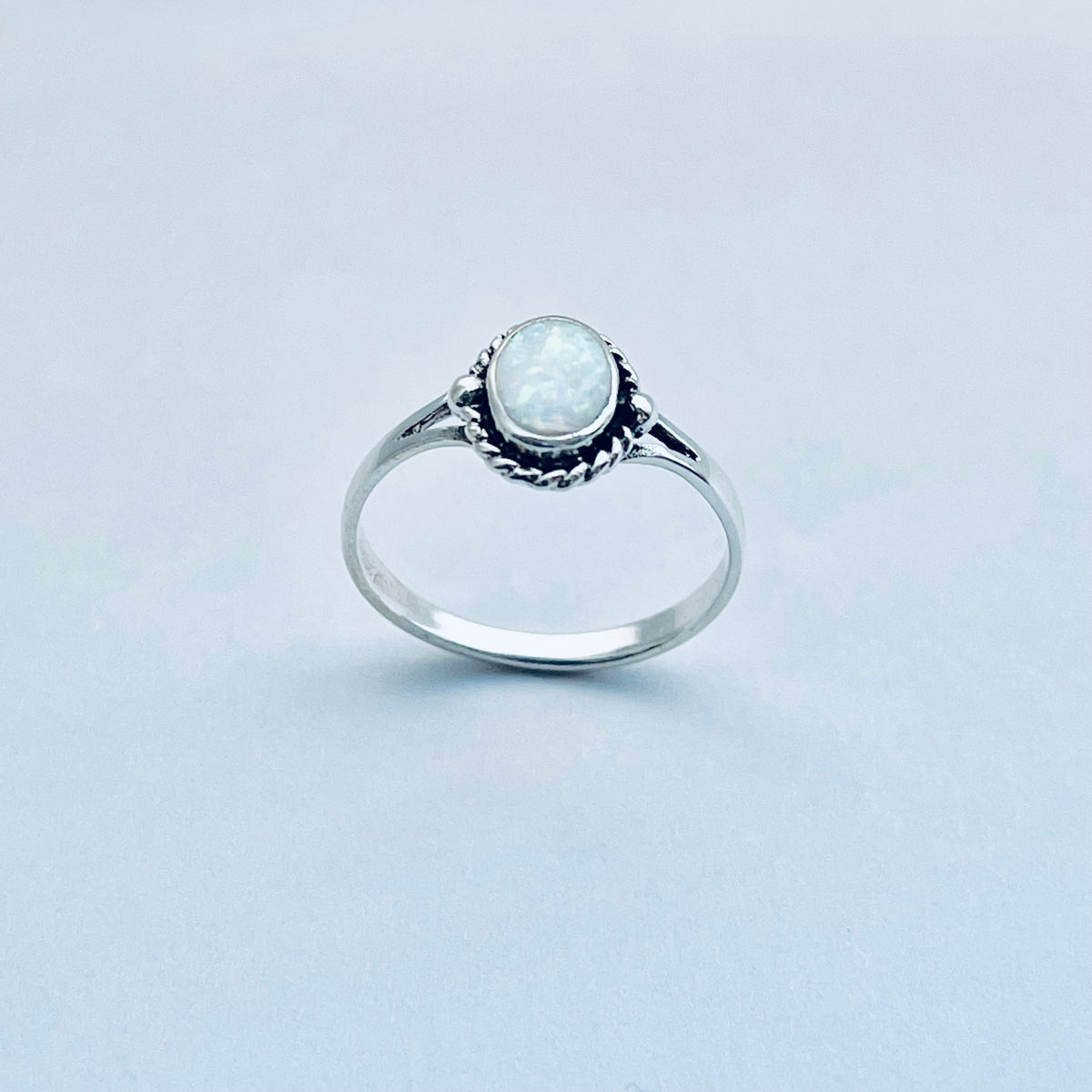 925 Sterling Silver Small White Lab Opal Ring with Braids | Dainty October Birthstone Silver Rings