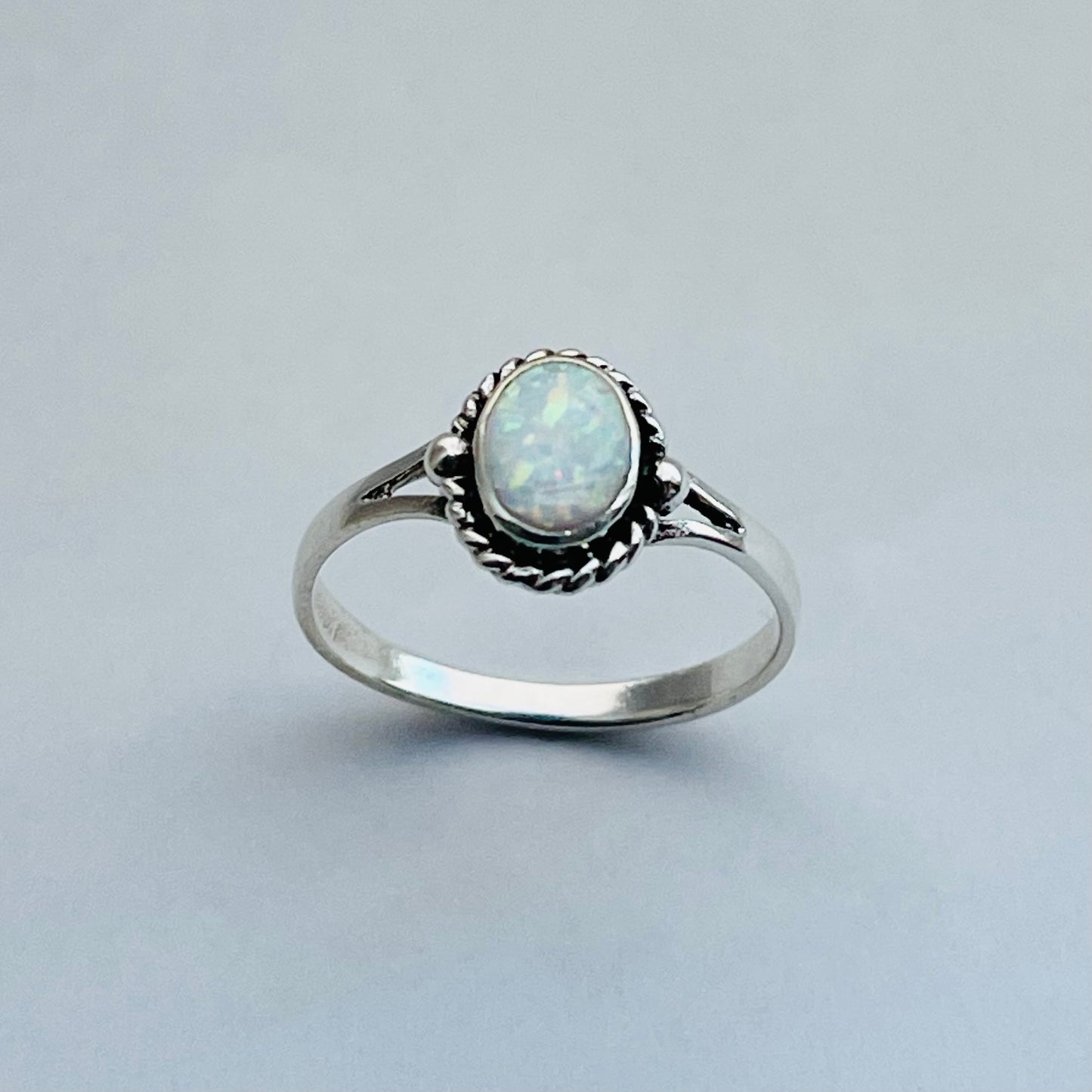 Sterling Silver Small White Lab Opal Ring with Braid, Silver Rings, Minimalist Ring