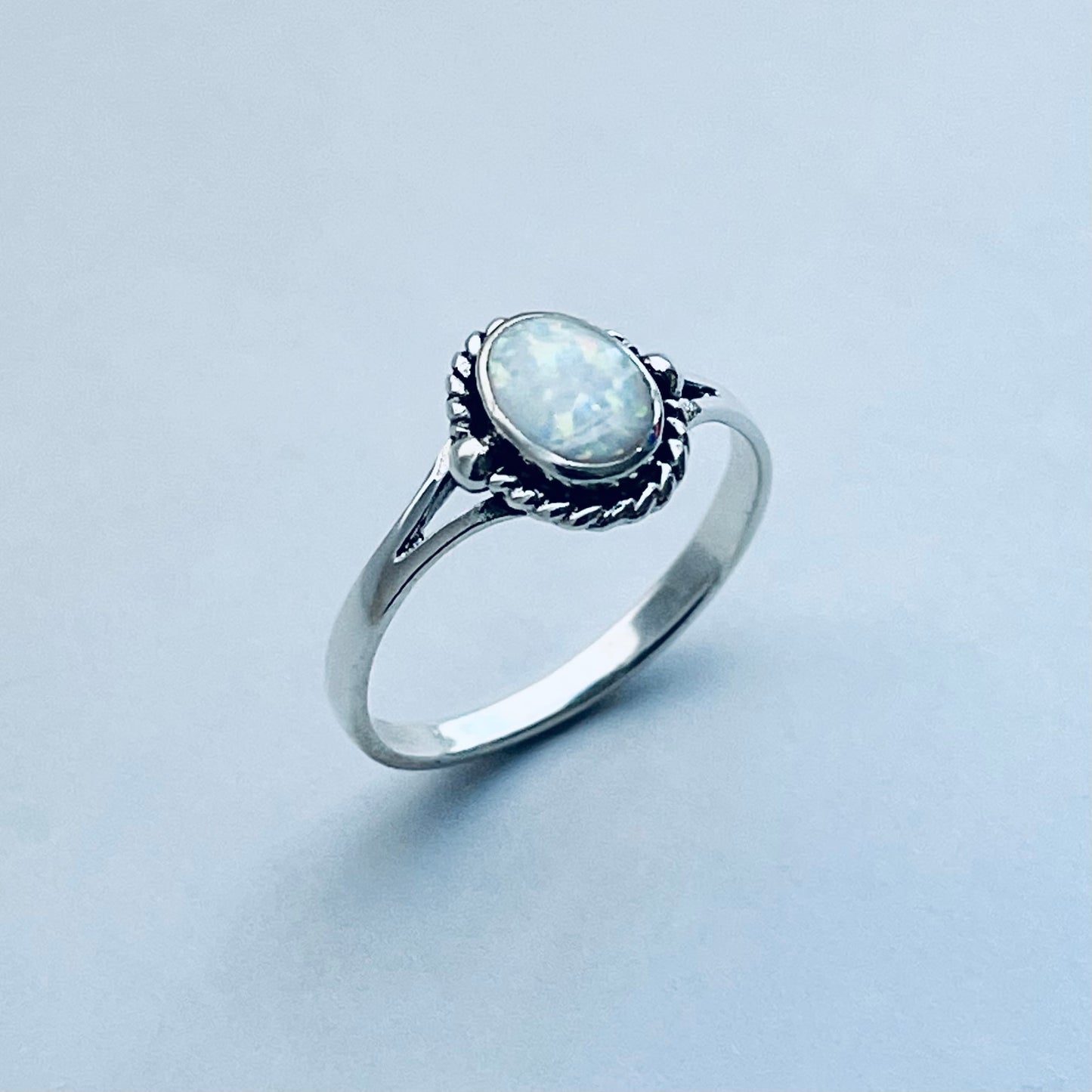 Sterling Silver Small White Lab Opal Ring with Braid, Silver Rings, Minimalist Ring