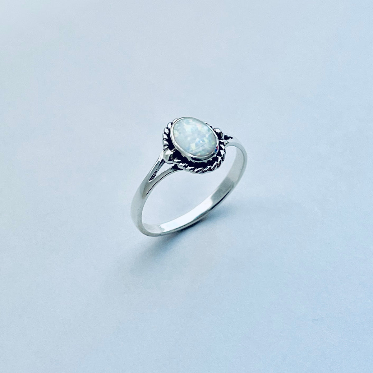 925 Sterling Silver Small White Lab Opal Ring with Braids | Dainty October Birthstone Silver Rings