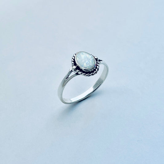 925 Sterling Silver Small White Lab Opal Ring with Braids | Dainty October Birthstone Silver Rings