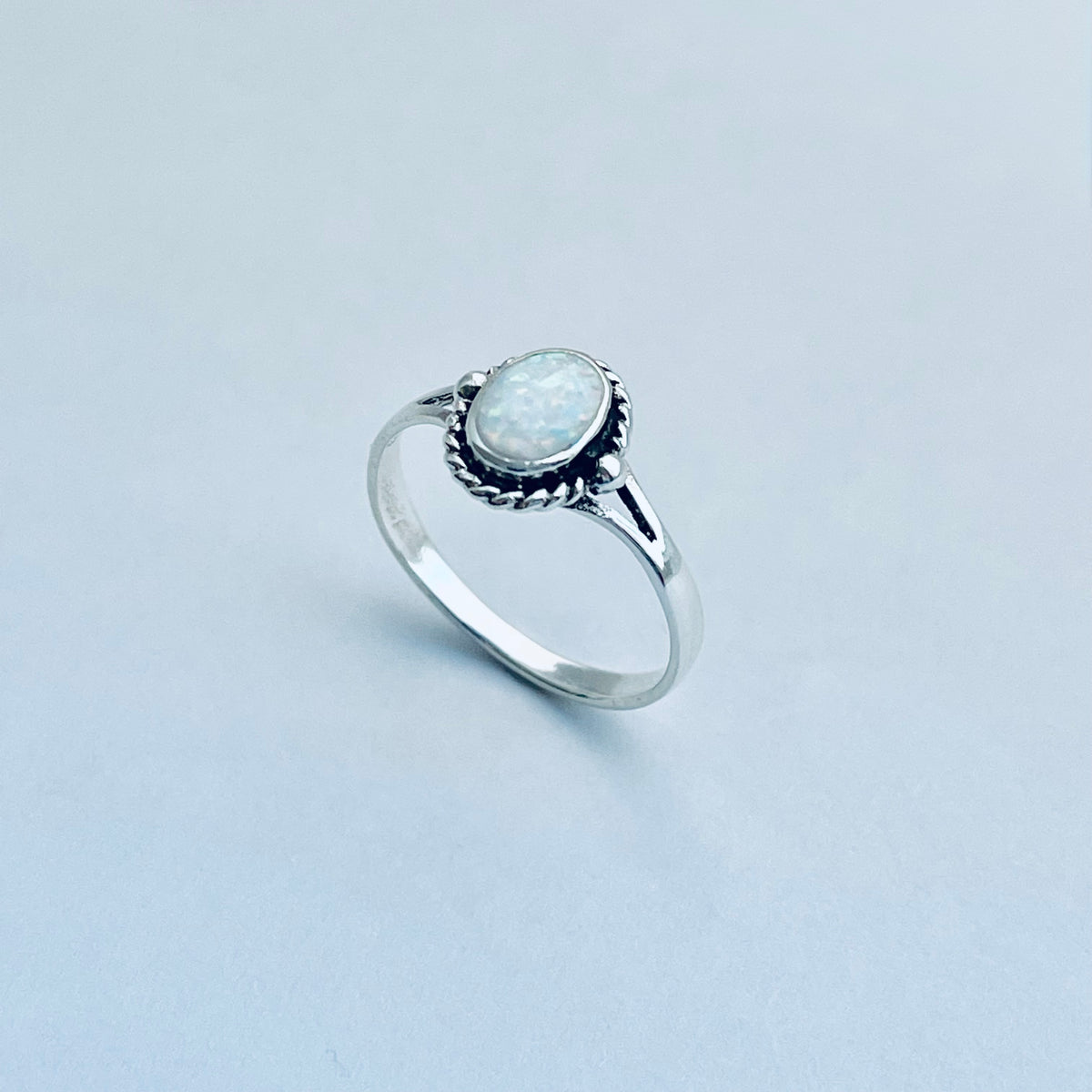 925 Sterling Silver Small White Lab Opal Ring with Braids | Dainty October Birthstone Silver Rings