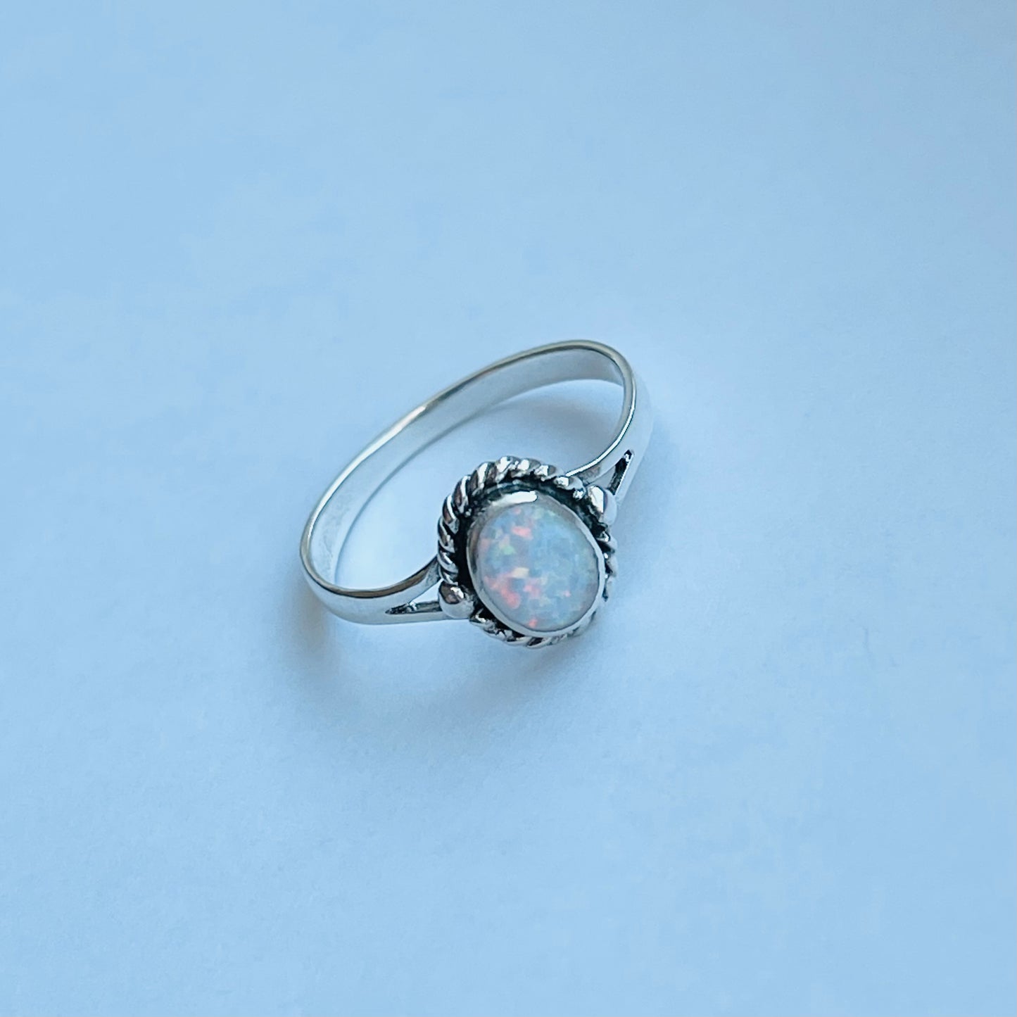 Sterling Silver Small White Lab Opal Ring with Braid, Silver Rings, Minimalist Ring