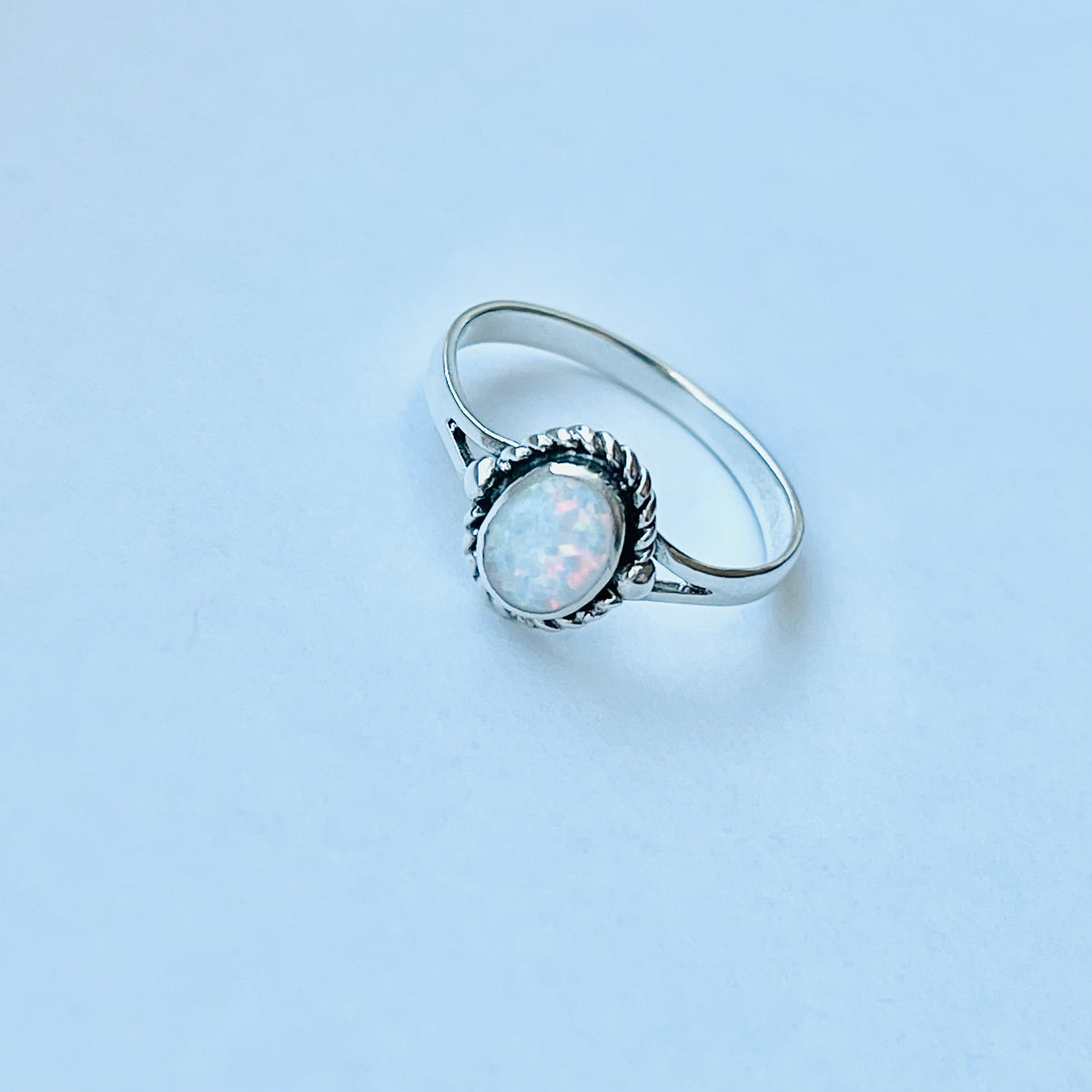 925 Sterling Silver Small White Lab Opal Ring with Braids | Dainty October Birthstone Silver Rings