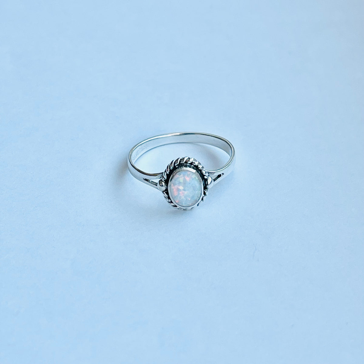 925 Sterling Silver Small White Lab Opal Ring with Braids | Dainty October Birthstone Silver Rings