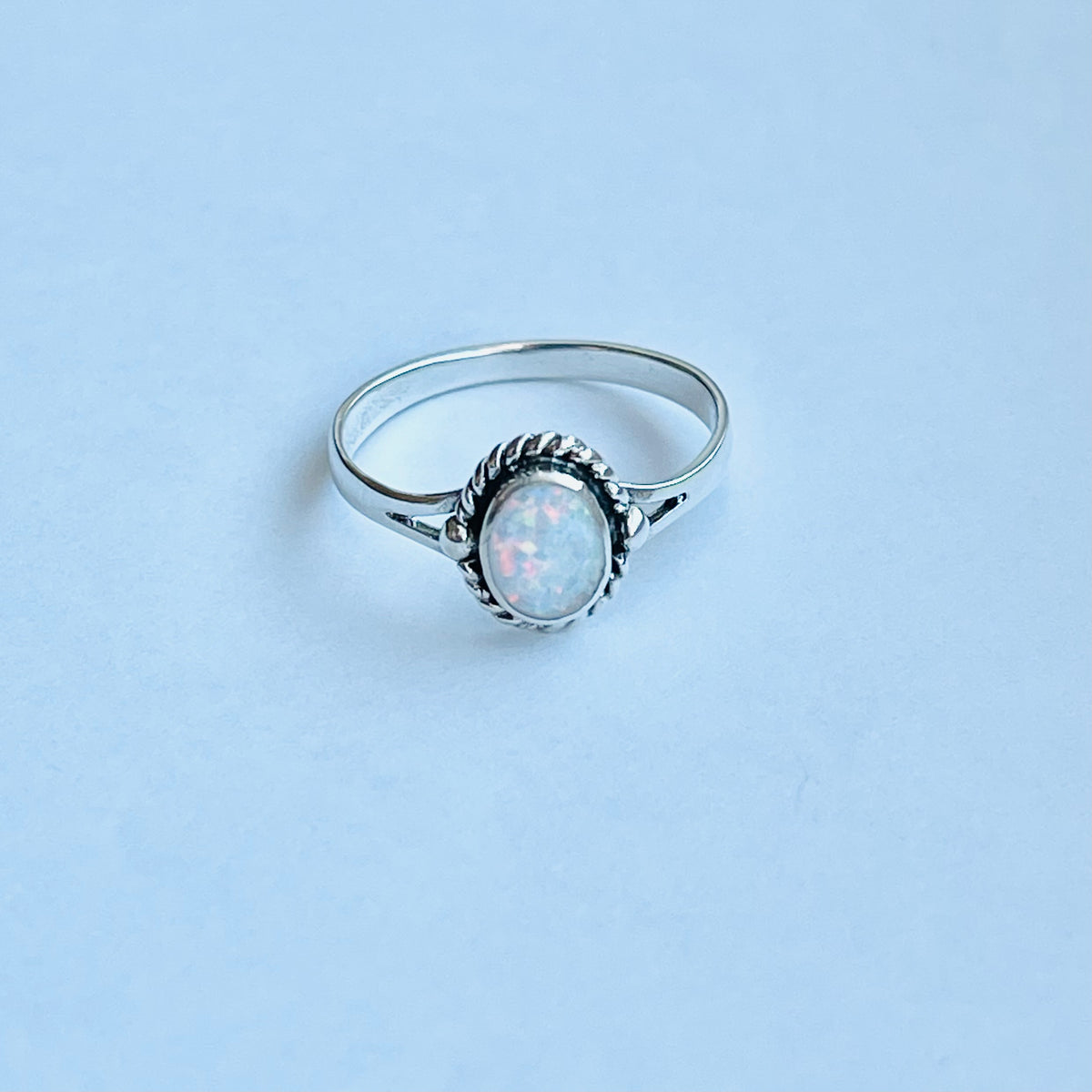 925 Sterling Silver Small White Lab Opal Ring with Braids | Dainty October Birthstone Silver Rings