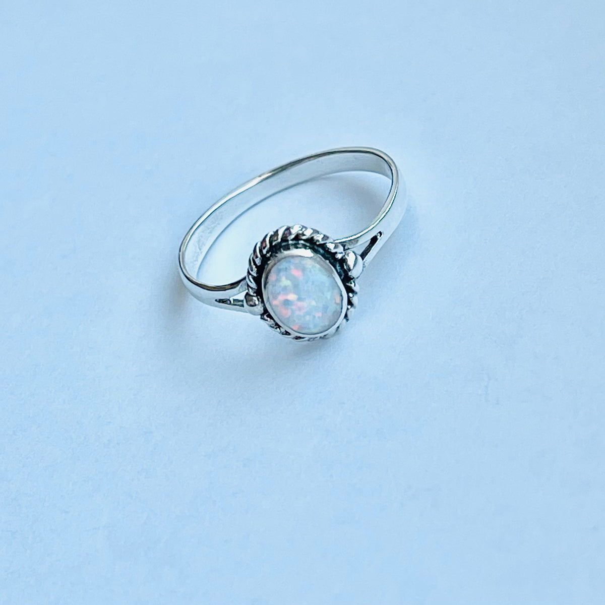 925 Sterling Silver Small White Lab Opal Ring with Braids | Dainty October Birthstone Silver Rings