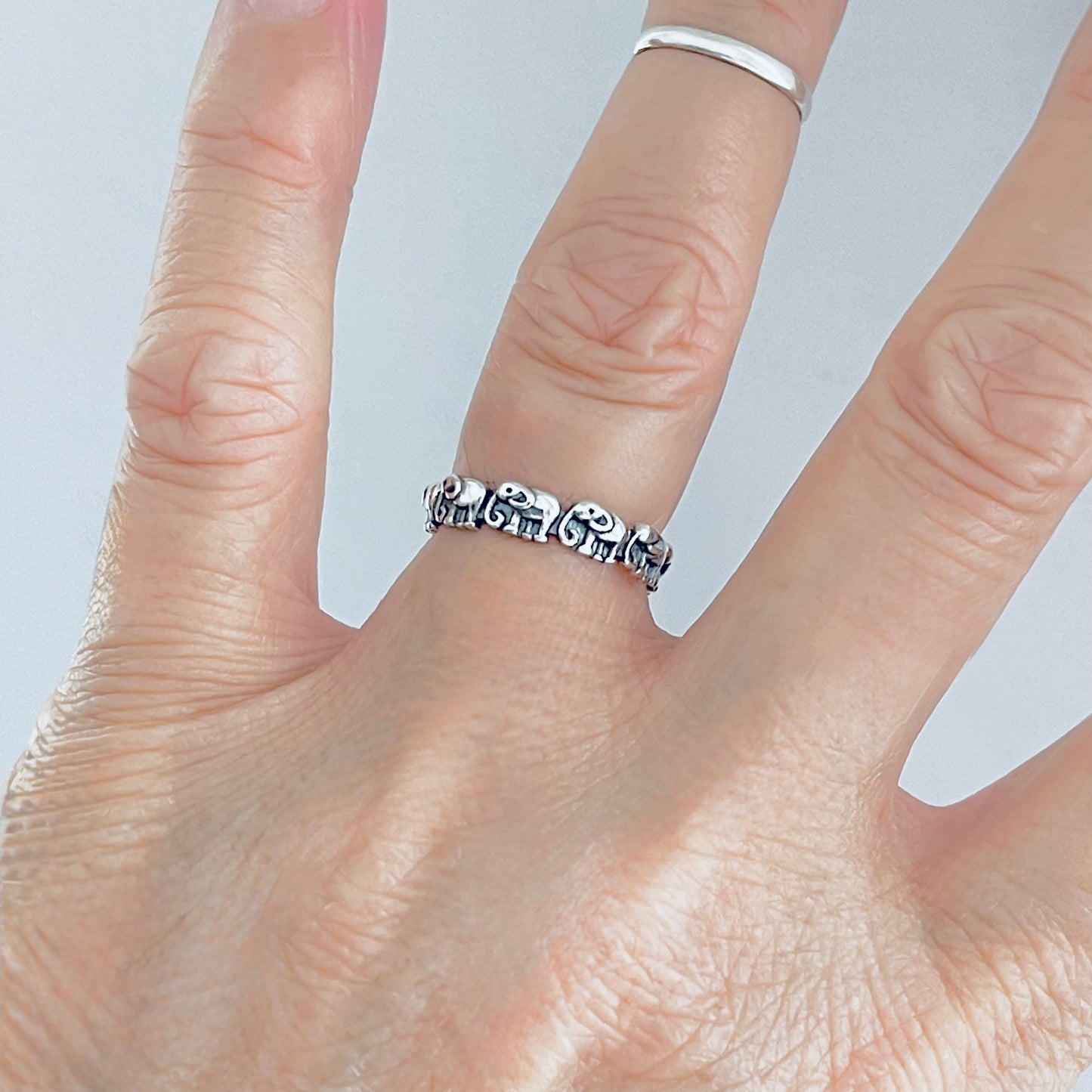 925 Sterling Silver Little Elephants Band Ring | Good Luck Stackable Animal Silver Rings