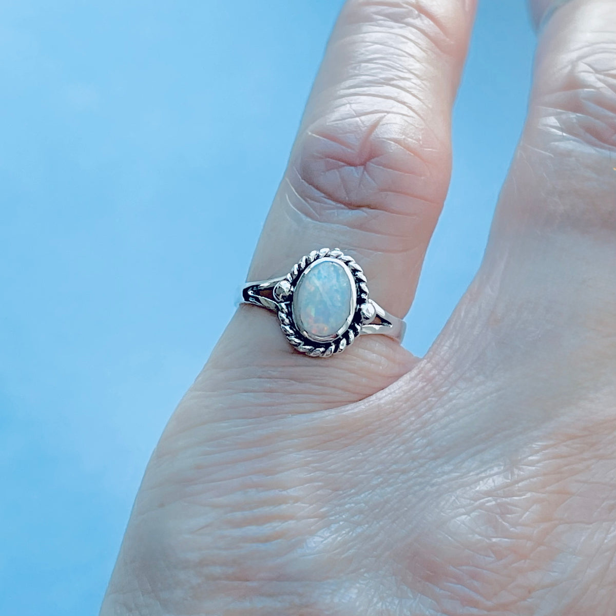 925 Sterling Silver Small White Lab Opal Ring with Braids | Dainty October Birthstone Silver Rings