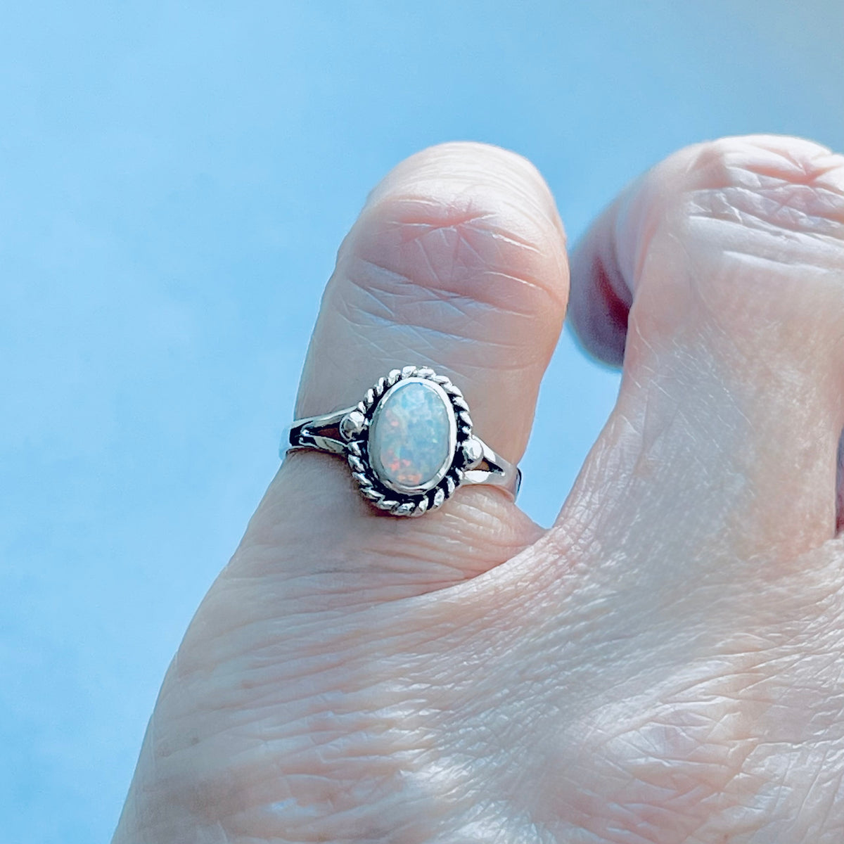 925 Sterling Silver Small White Lab Opal Ring with Braids | Dainty October Birthstone Silver Rings