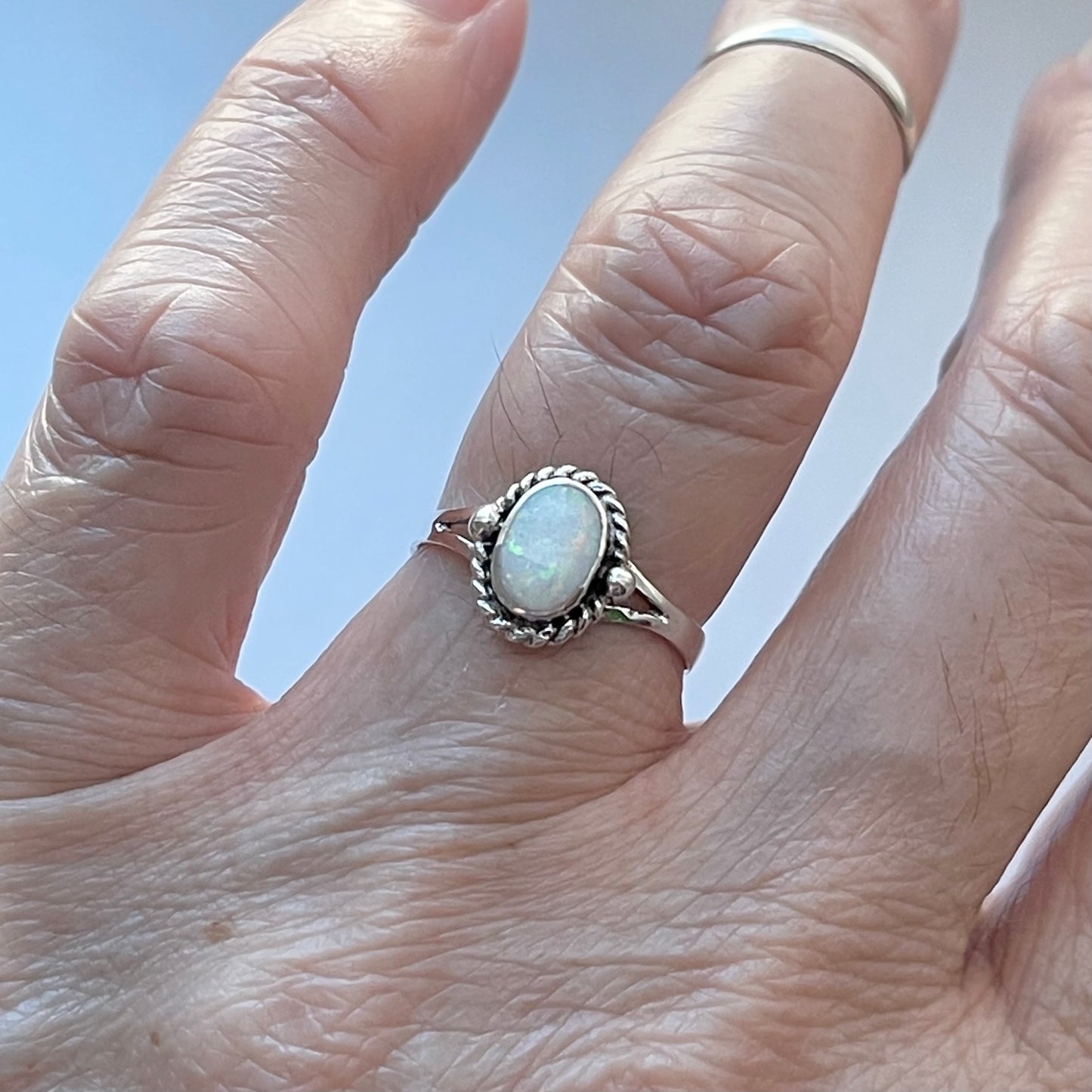 Sterling Silver Small White Lab Opal Ring with Braid, Silver Rings, Minimalist Ring