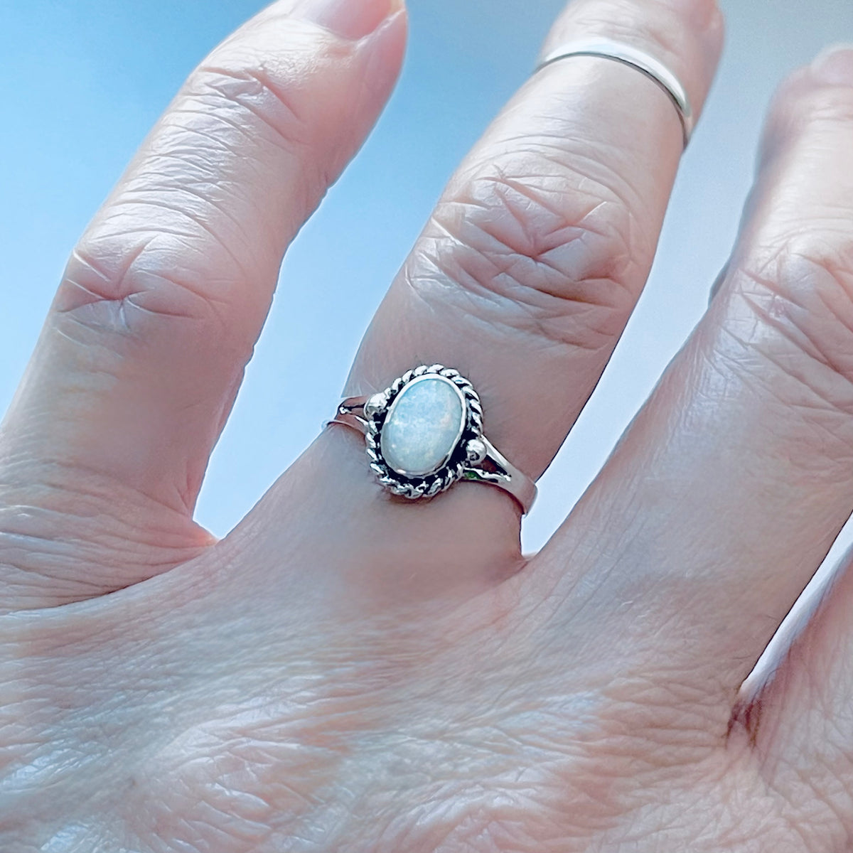 925 Sterling Silver Small White Lab Opal Ring with Braids | Dainty October Birthstone Silver Rings