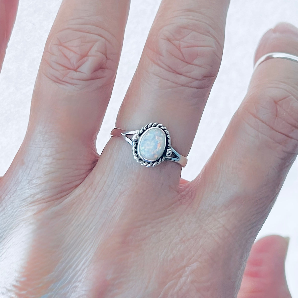 925 Sterling Silver Small White Lab Opal Ring with Braids | Dainty October Birthstone Silver Rings