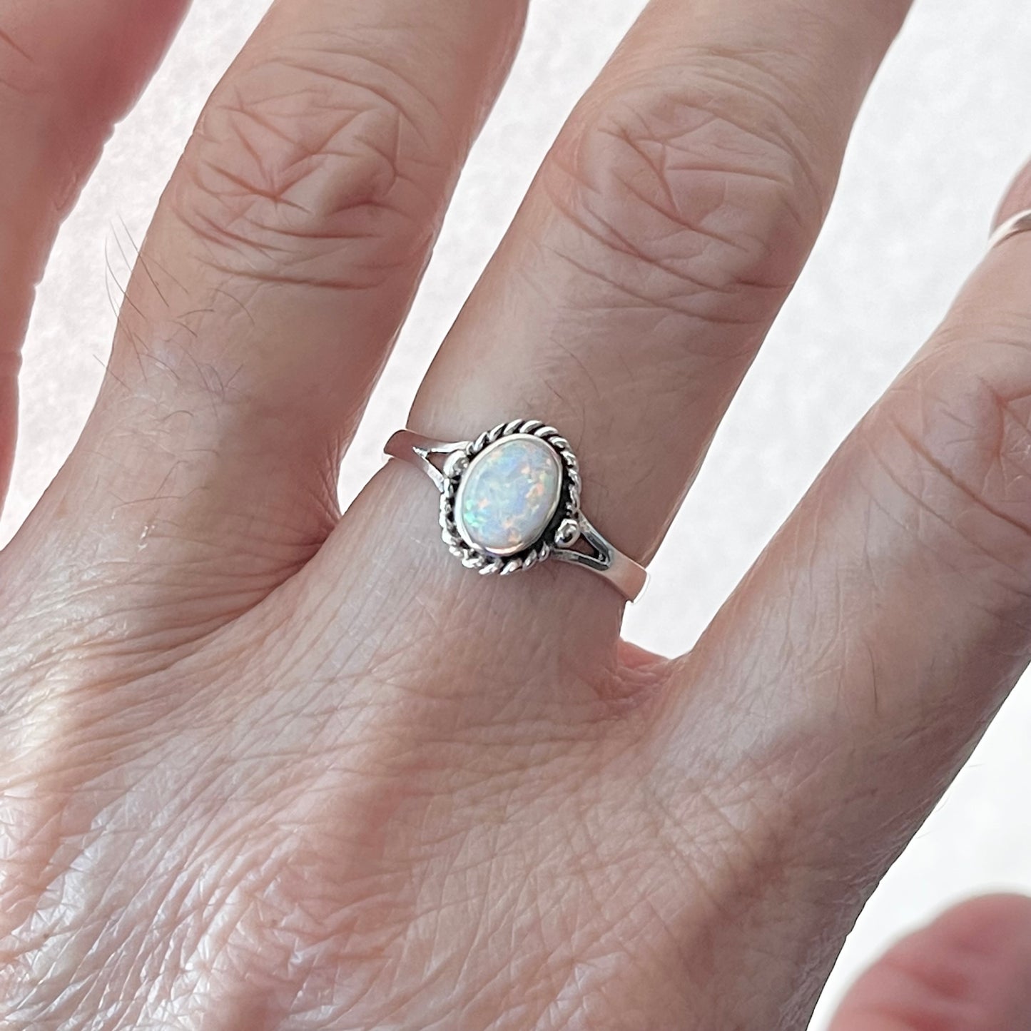 Sterling Silver Small White Lab Opal Ring with Braid, Silver Rings, Minimalist Ring