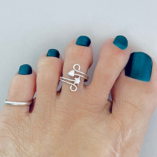Sterling Silver Wire Heart and Star Toe Ring | Delicate Swirl Celestial Silver Rings
