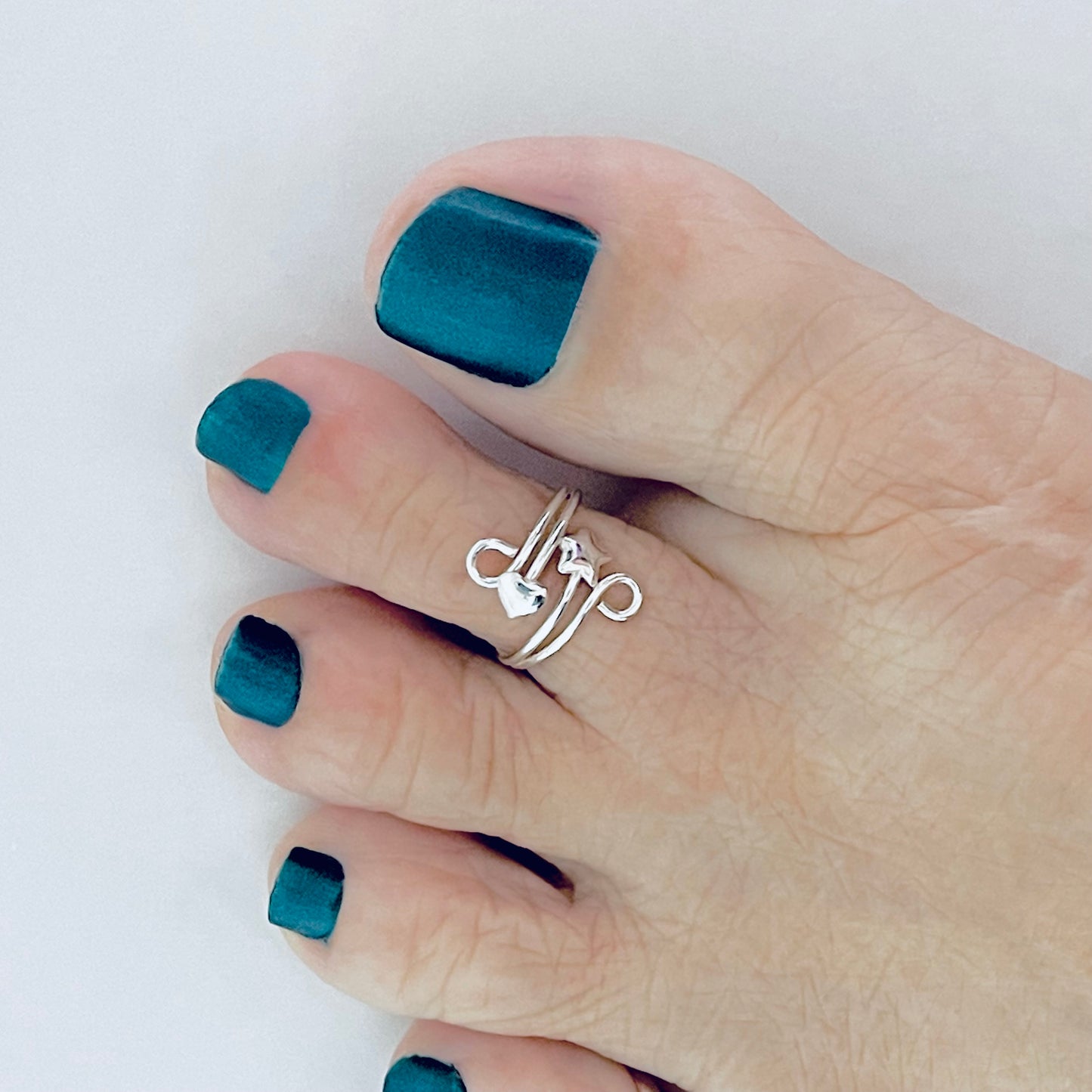 Sterling Silver Wire Heart and Star Toe Ring | Delicate Swirl Celestial Silver Rings