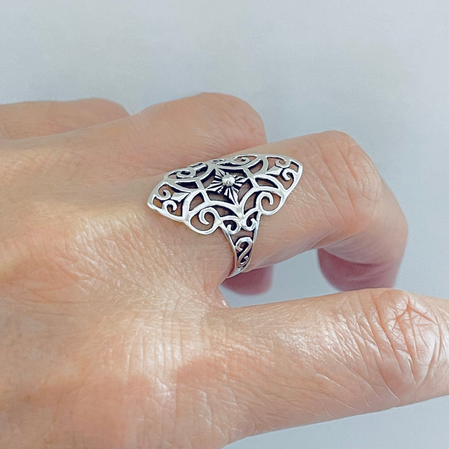 Sterling Silver Thin Delicate Scrolls and Filigree Ring, Statement Minimalist Swirl Rings
