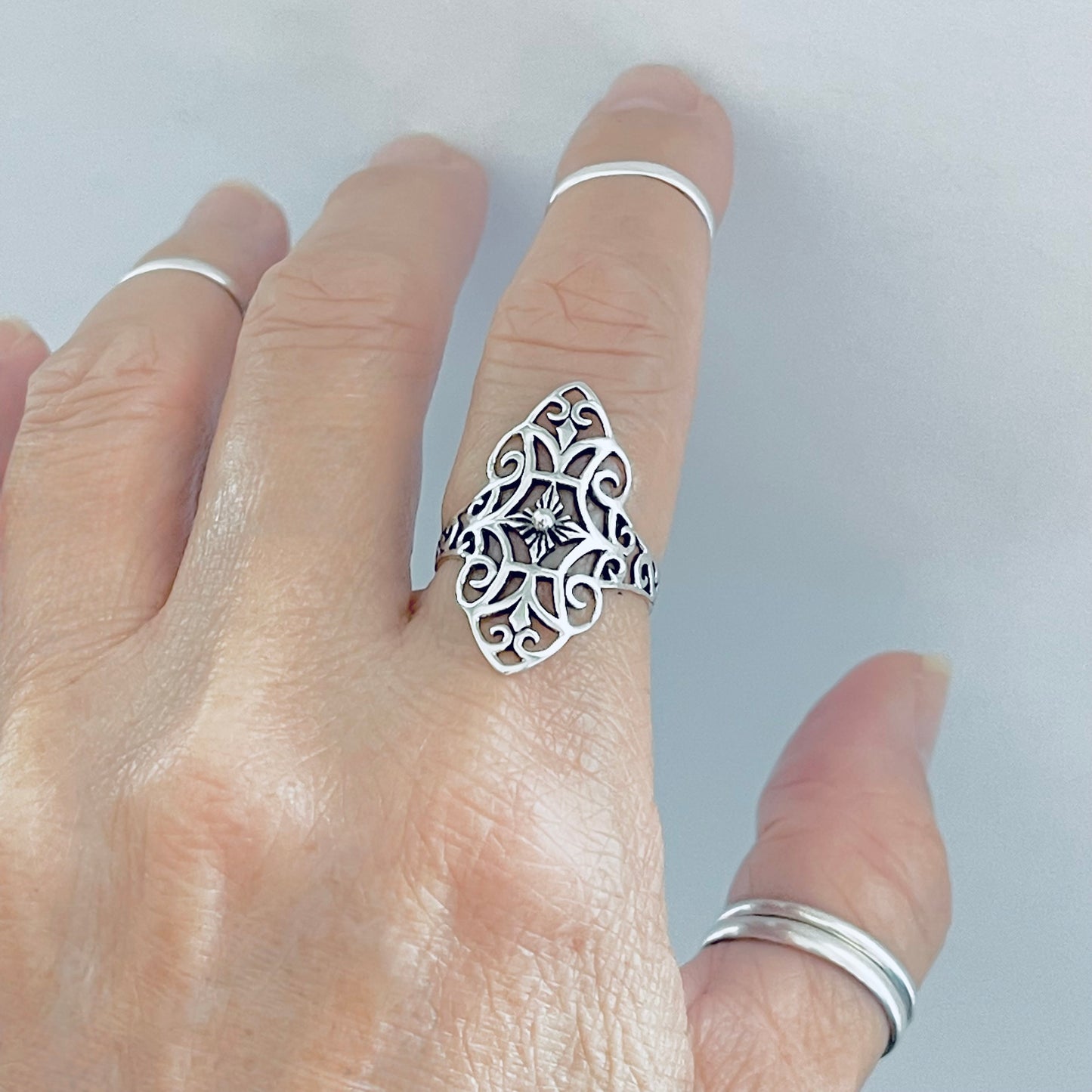 Sterling Silver Thin Delicate Scrolls and Filigree Ring, Statement Minimalist Swirl Rings