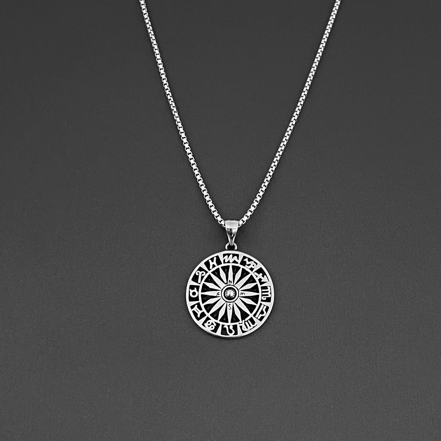 Sterling Silver Unisex Zodiac Wheel and Compass Necklace, Silver Necklaces, Birthday Signs Chain