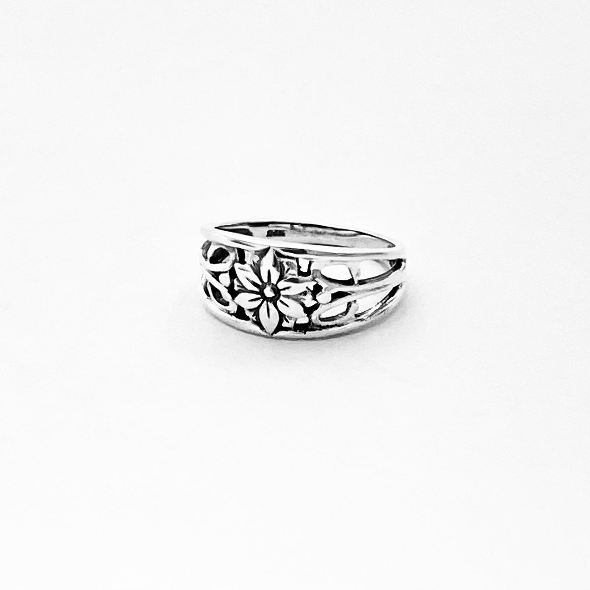 925 Sterling Silver Starflower Ring with Swirls | Flower Daisy Floral Silver Rings