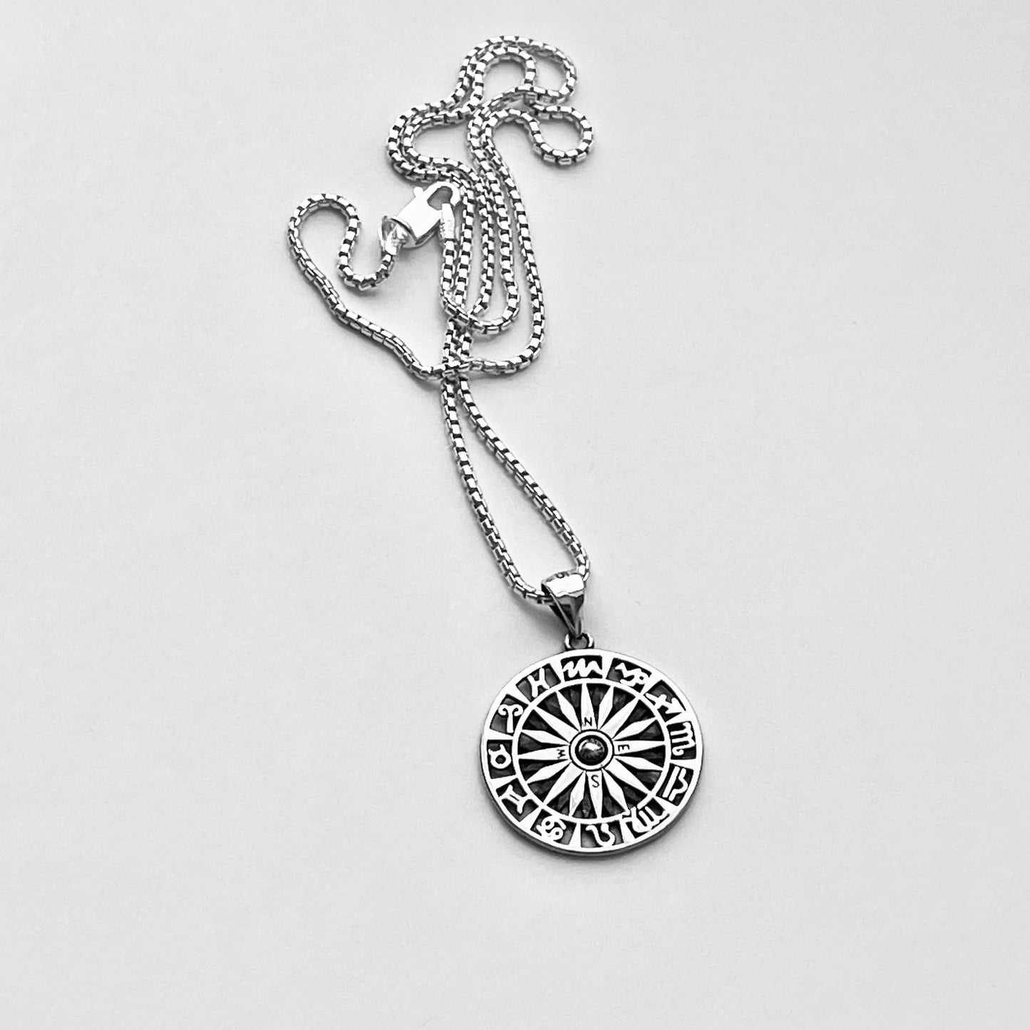 Sterling Silver Unisex Zodiac Wheel and Compass Necklace, Silver Necklaces, Birthday Signs Chain