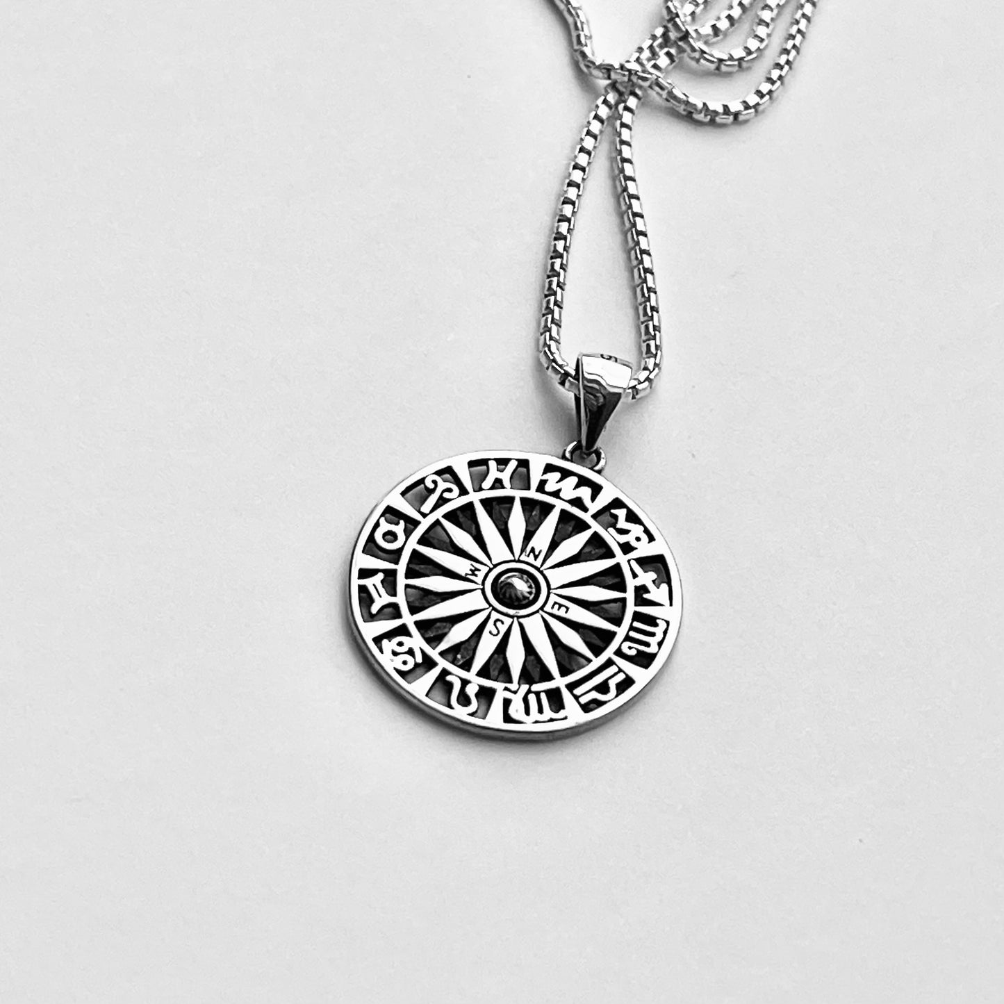 Sterling Silver Unisex Zodiac Wheel and Compass Necklace, Silver Necklaces, Birthday Signs Chain