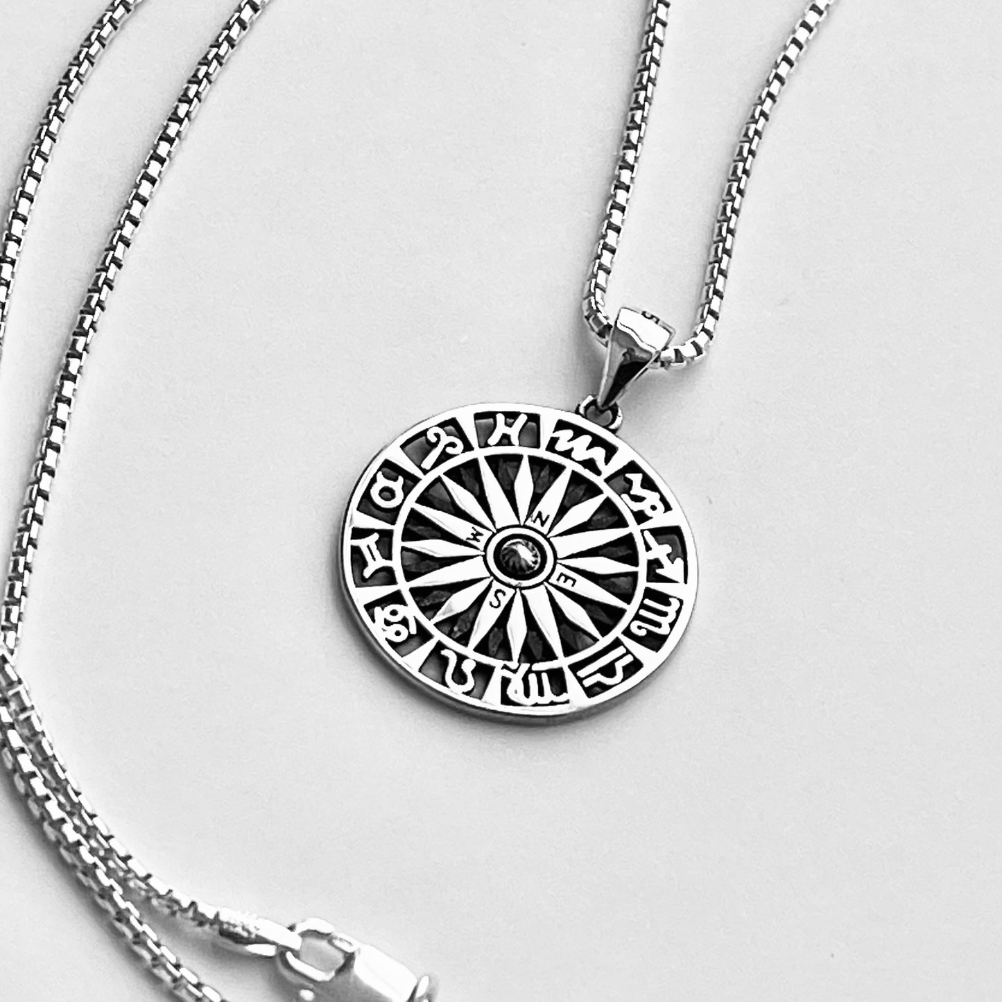 Sterling Silver Unisex Zodiac Wheel and Compass Necklace, Silver Necklaces, Birthday Signs Chain